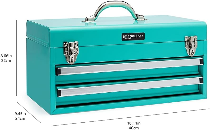 Amazon Basics Metal Tool Box with Drawers, Storage and Organization Tool Chest, Powder Coat Finish, 18.1 x 8.7 x 9.5 in, Turquoise