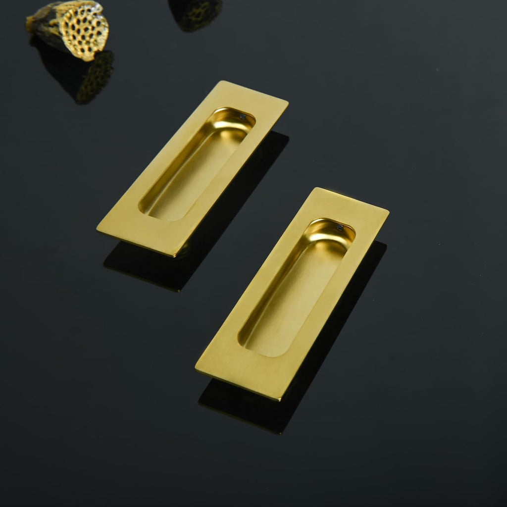 HOMOTEK 2 Pack 120mm Flush Sliding Closet Door Pulls, Recessed Finger Pulls for Sliding Barn Bypass Door Handles, Cabinet Drawer Rectangular Invisible Pull- Small Size 4.75 in, Brushed Gold