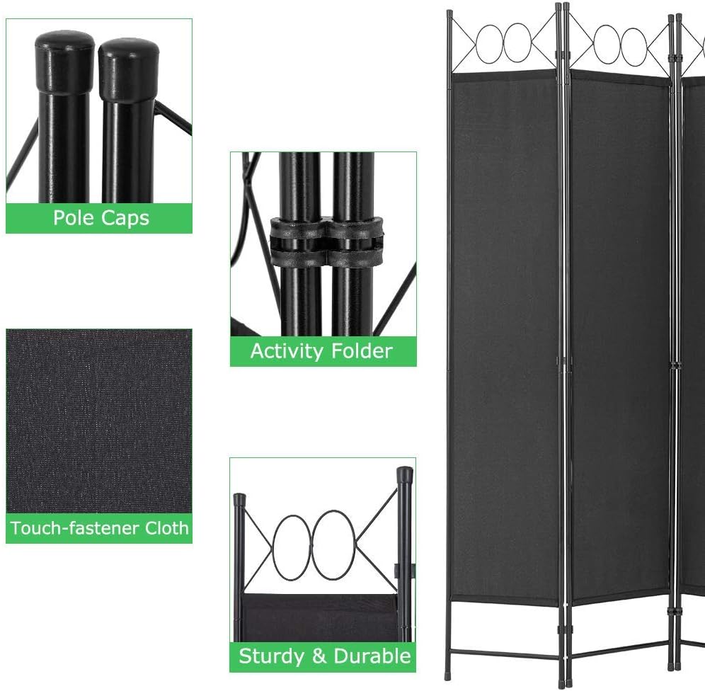 PayLessHere 4 Panel Room Divider 6FT Steel Frame Screen Folding Privacy Divider Freestanding Partition for Home Office Bedroom (Black)