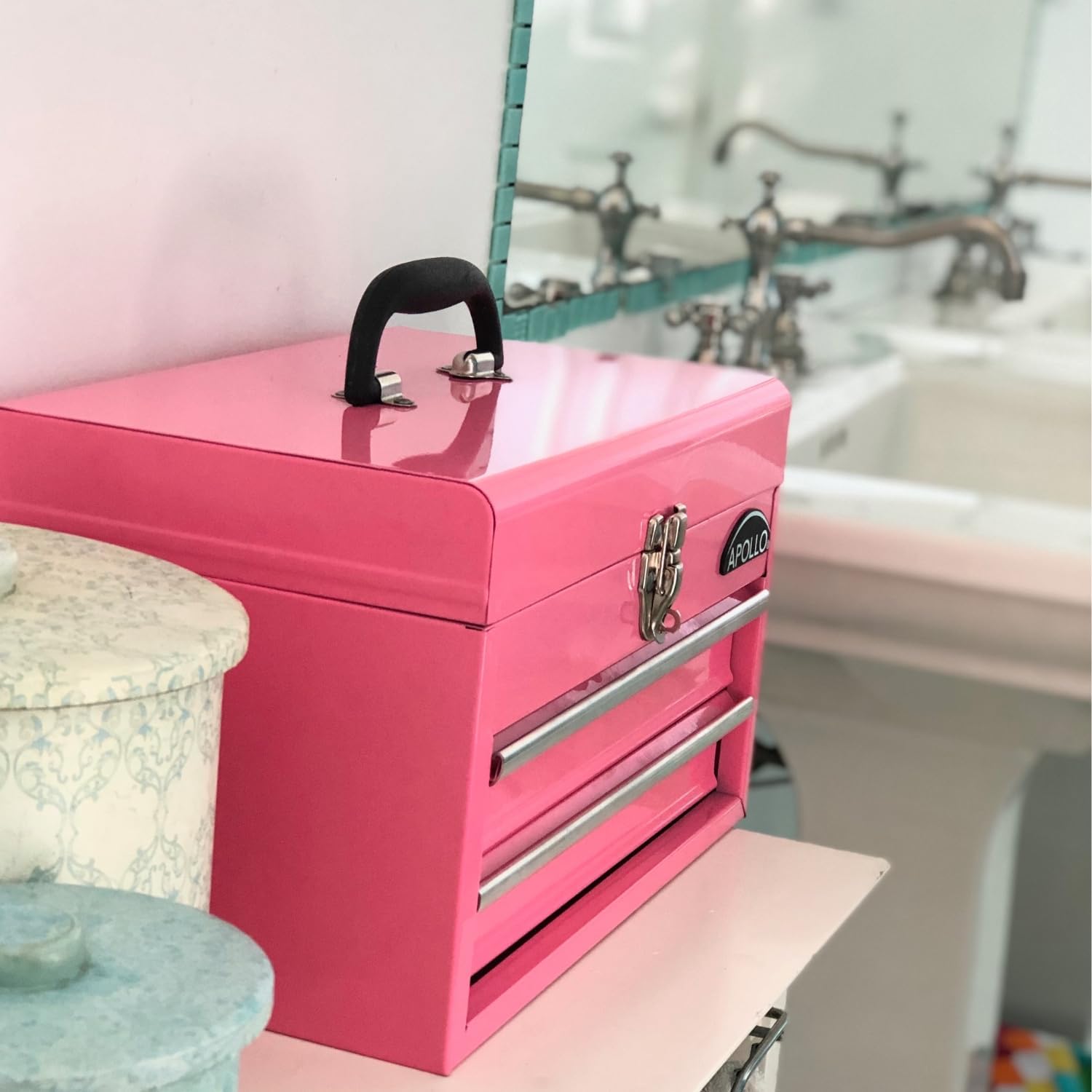 Apollo Tools 14 Inch Steel Tool Box with Deep Top Compartment and 2 Drawers in Heavy-Duty Steel With Ball Bearing Opening and Powder Coated Finish - Pink Ribbon - Pink - DT5010P