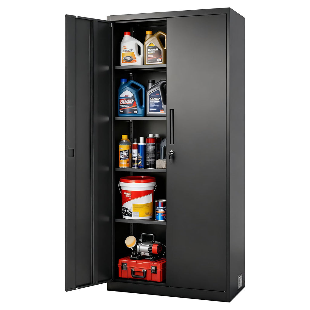 VEVOR Metal Storage Cabinet, 41.7 in Steel Garage Cabinet with 2 Adjustable Shelves, 2 Magnetic Doors & 2 Keys, 3 Tiers Lockable Tool Storage for Pantry, Warehouse, Basement, Office, Black
