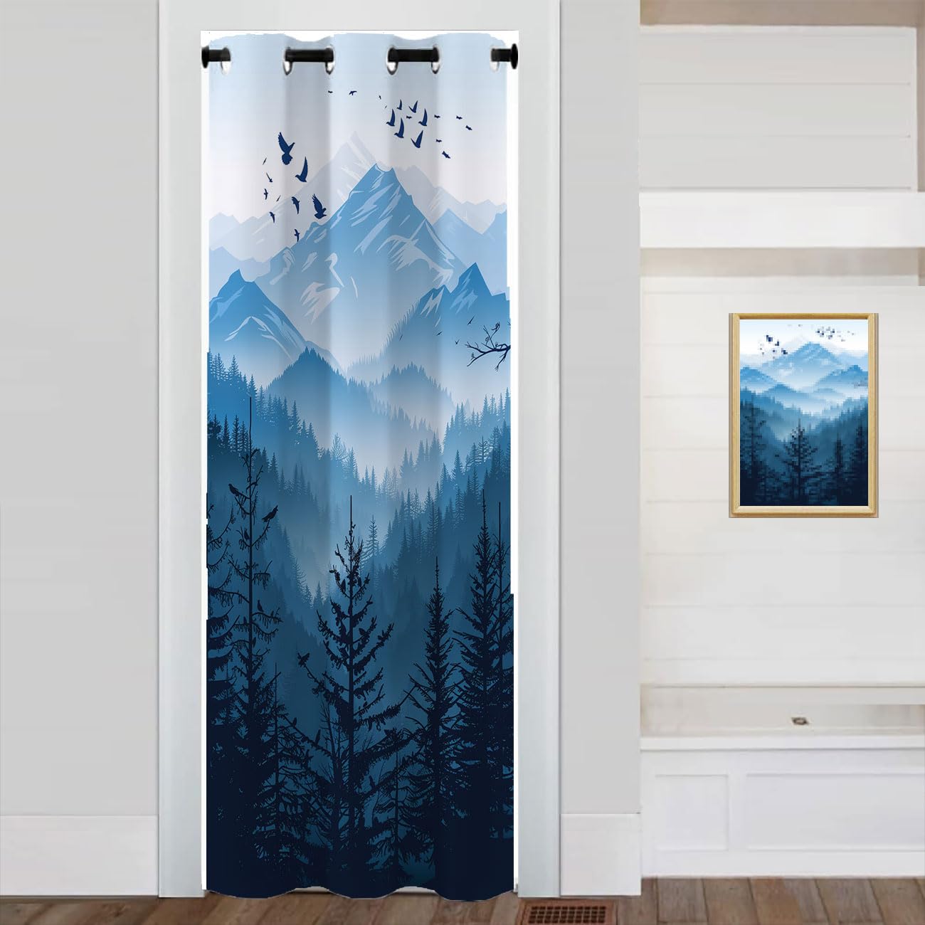 Mountains Forest Door Curtain for Doorway Privacy, Watercolor Landscape Tree Green Room Divider Curtain for Privacy Bedroom Doorway Living Room, 1 Panel 34" W X 80" L