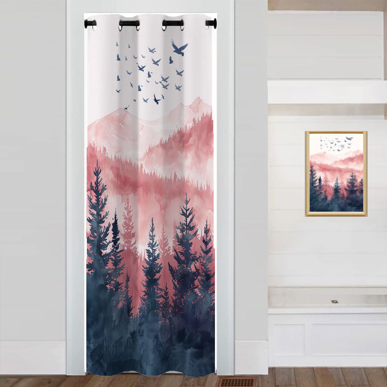 Mountains Forest Door Curtain for Doorway Privacy, Watercolor Landscape Tree Green Room Divider Curtain for Privacy Bedroom Doorway Living Room, 1 Panel 34" W X 80" L