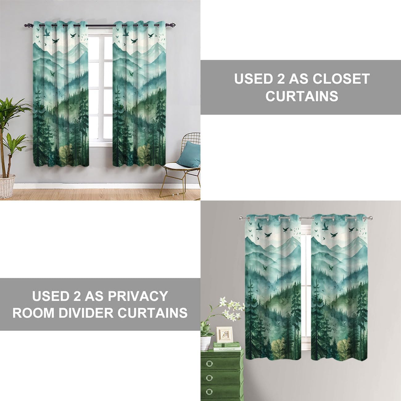 Mountains Forest Door Curtain for Doorway Privacy, Watercolor Landscape Tree Green Room Divider Curtain for Privacy Bedroom Doorway Living Room, 1 Panel 34" W X 80" L