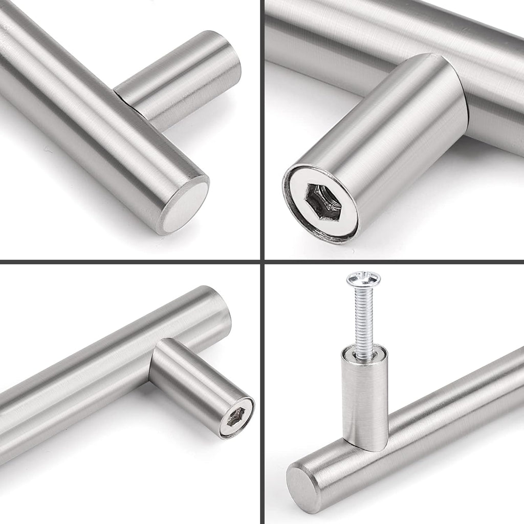Probrico (30 Pack 3 Inch Hole Centers Kitchen Cabinet Handles Euro T Bar Cabinet Pulls Stainless Steel Kitchen Drawer Handles Brushed Nickel Furniture Dresser Cabinet Hardware, 5 Inch Total Length