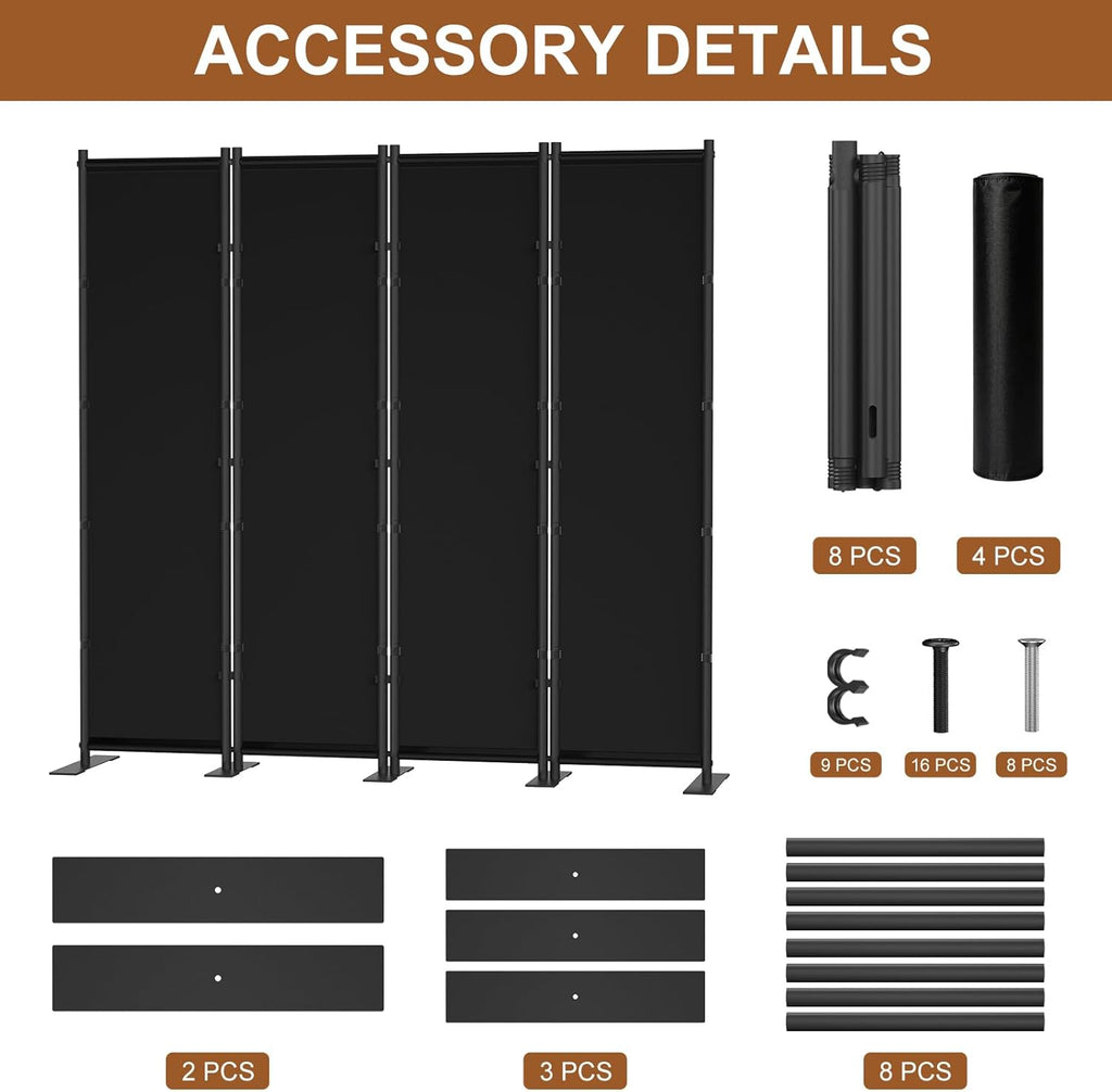 4 Panel Room Divider, 6FT Freestanding Folding Privacy Screen, Room Divider Panel 76.77" W X 75.6" H, Portable Partition Wall Dividers for Home Office Bedroom, Black