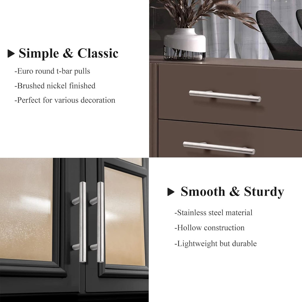 Probrico (30 Pack 3 Inch Hole Centers Kitchen Cabinet Handles Euro T Bar Cabinet Pulls Stainless Steel Kitchen Drawer Handles Brushed Nickel Furniture Dresser Cabinet Hardware, 5 Inch Total Length