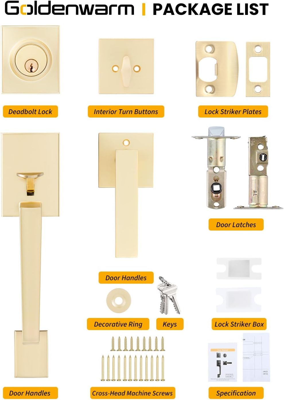 Goldenwarm Front Door Handle and Deadbolt Set, Gold Front Door Lock Set with Reversible Handle Lever, Modern Front Door Hardware, Front Door Handles and Locks