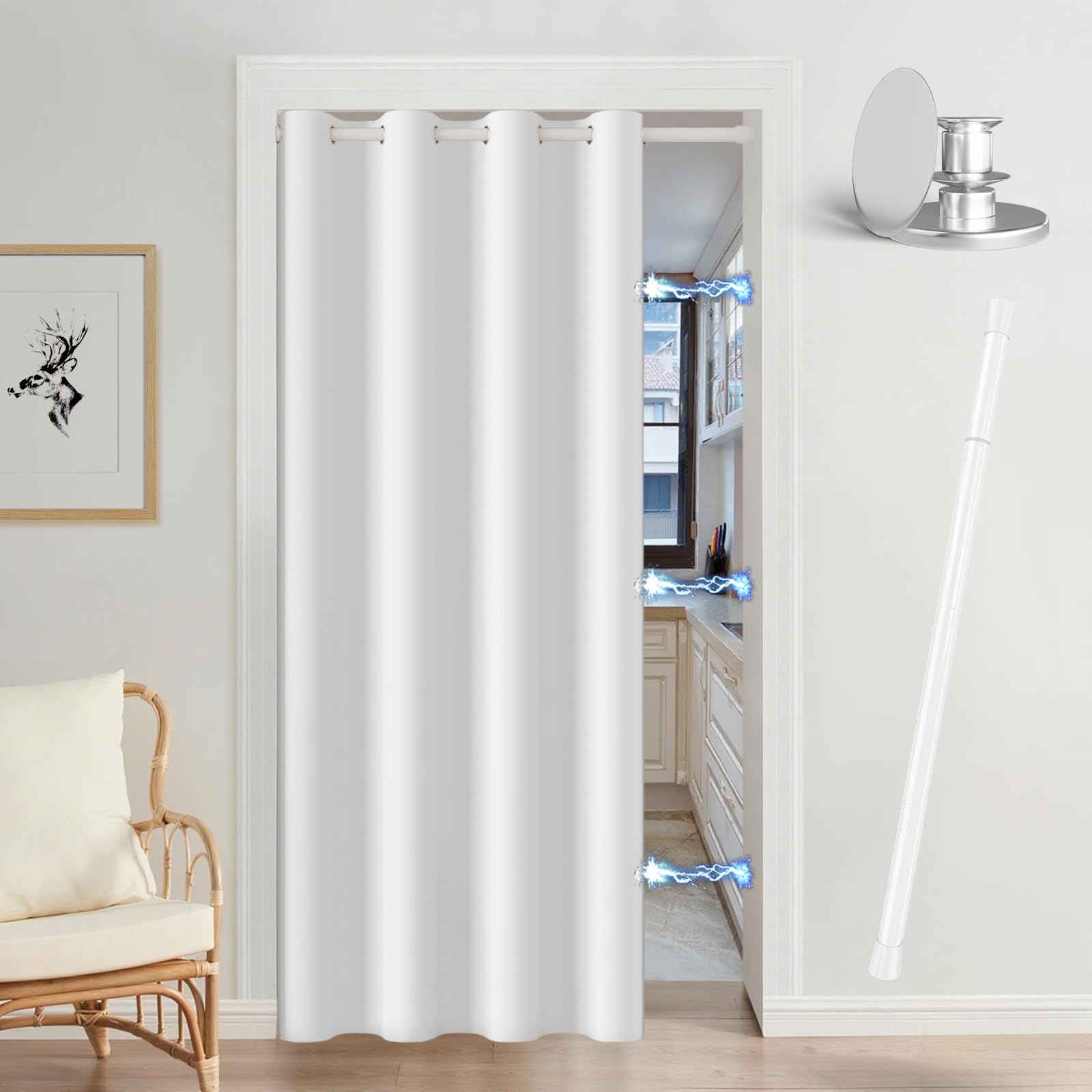 Vatge Magnetic Closet Curtain with Rod - W42 x L80, 1 Panel, Gray, Room Darkening Privacy Doorway Curtains for Open Bedroom, Temporary Door for Hallway