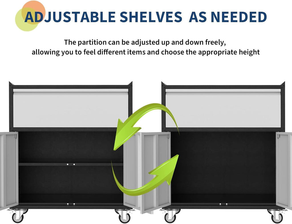 IDEALHOUSE Heavy Duty Rolling Tool Cabinet - Mobile Metal Storage with Lock, 4 Wheels & Adjustable Shelf for Garage Workshop Organization (Grey)