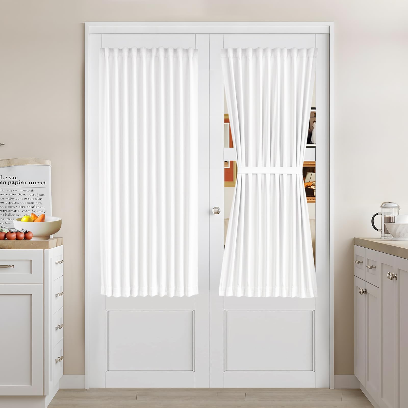 Vatge Self-Adhesive French Door Curtains - Rodless No Drill Light Filtering Window Treatment for Sliding Glass Doors, 1 Panel, W25 x L72, Greyish White