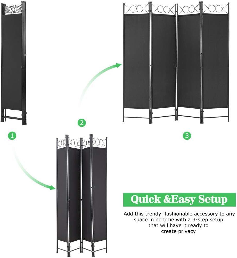 PayLessHere 4 Panel Room Divider 6FT Steel Frame Screen Folding Privacy Divider Freestanding Partition for Home Office Bedroom (Black)