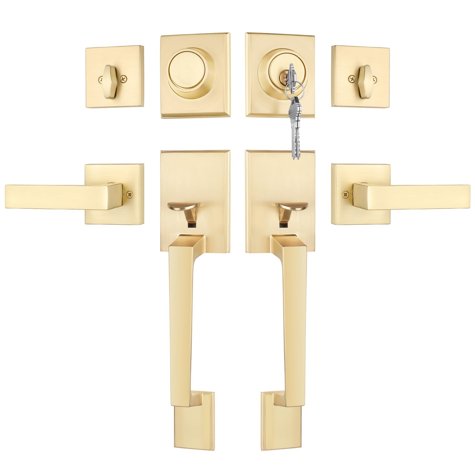 Goldenwarm Front Door Handle and Deadbolt Set, Gold Front Door Lock Set with Reversible Handle Lever, Modern Front Door Hardware, Front Door Handles and Locks