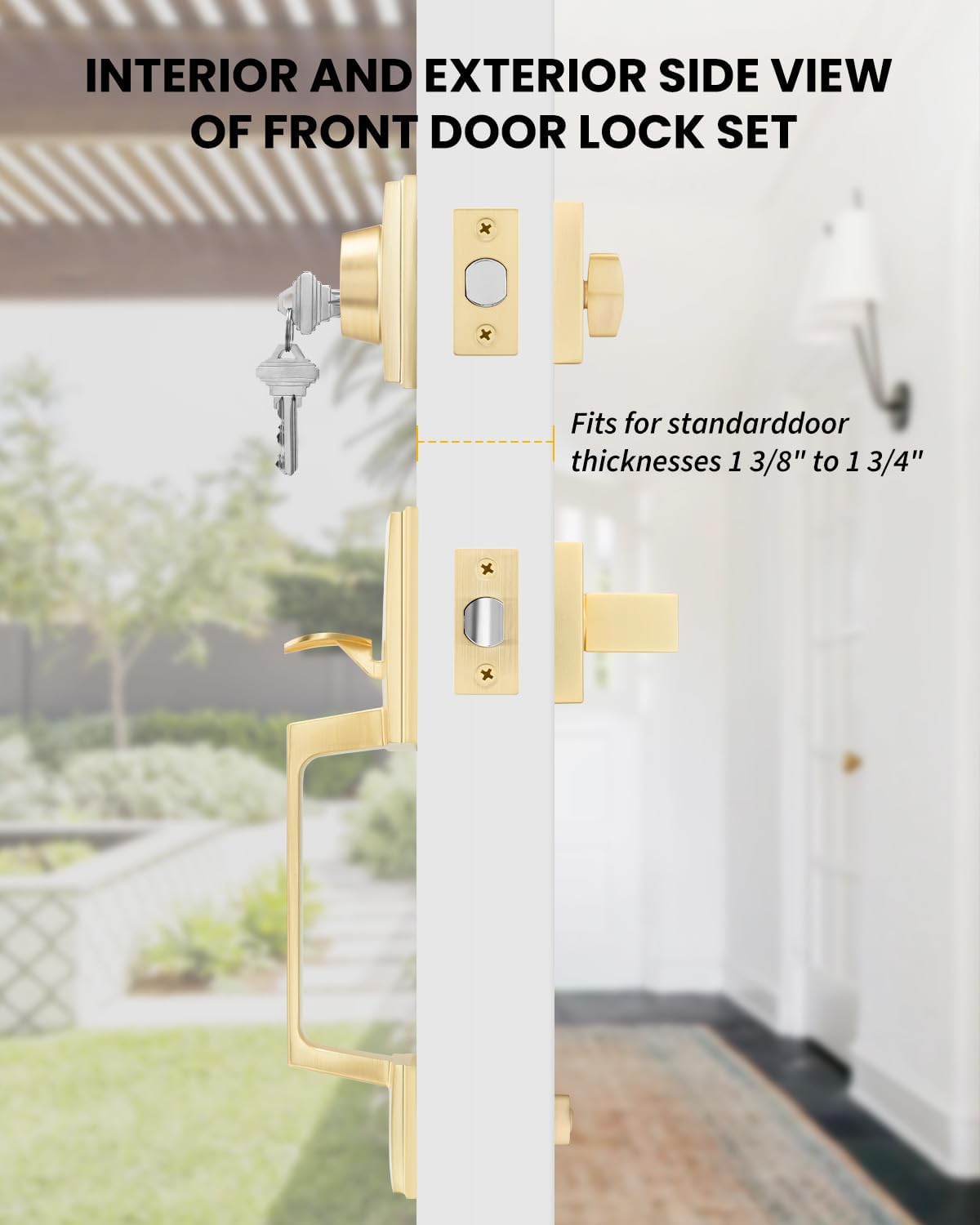 Goldenwarm Front Door Handle and Deadbolt Set, Gold Front Door Lock Set with Reversible Handle Lever, Modern Front Door Hardware, Front Door Handles and Locks