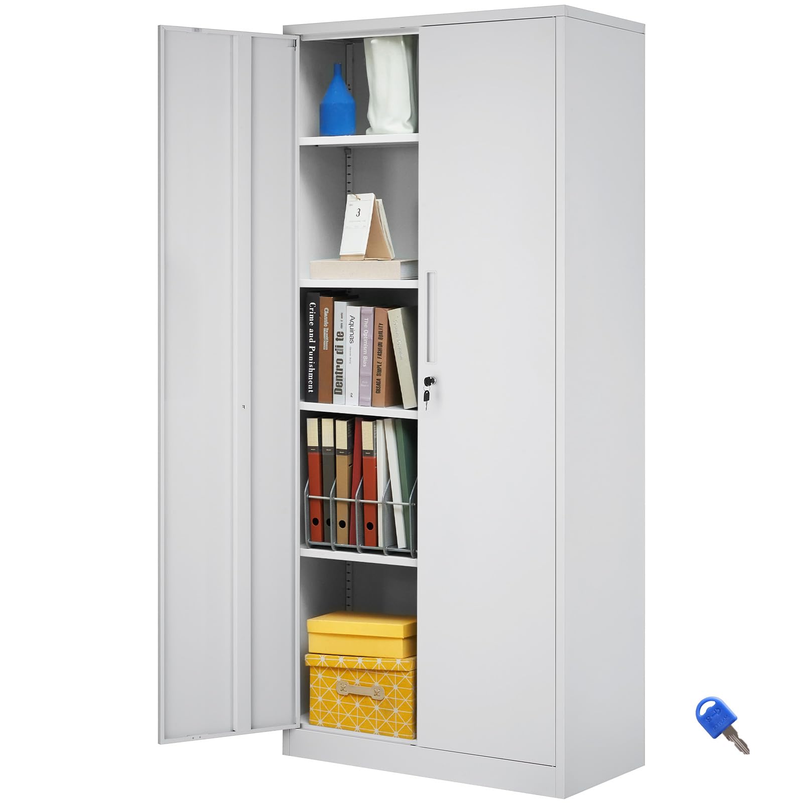VEVOR Metal Storage Cabinet, 41.7 in Steel Garage Cabinet with 2 Adjustable Shelves, 2 Magnetic Doors & 2 Keys, 3 Tiers Lockable Tool Storage for Pantry, Warehouse, Basement, Office, Black