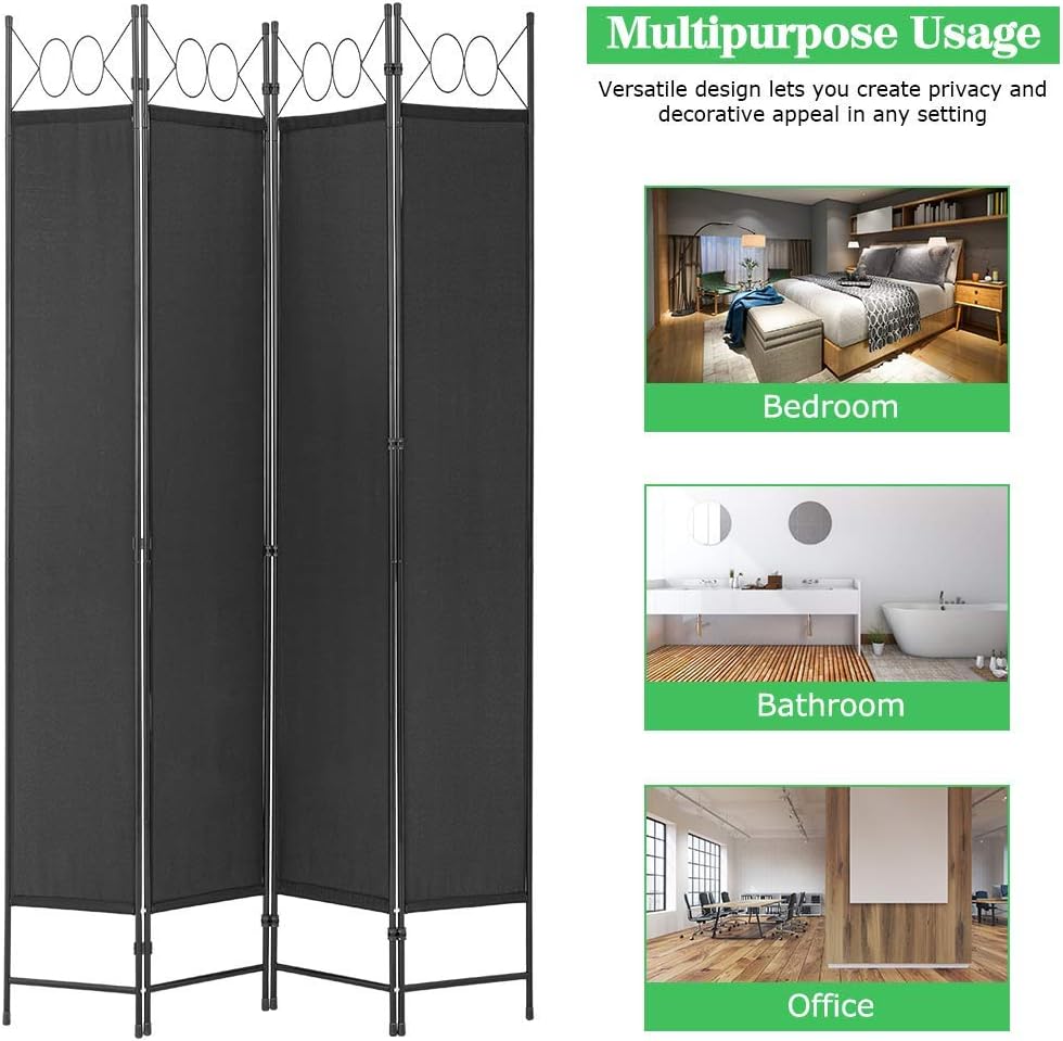 PayLessHere 4 Panel Room Divider 6FT Steel Frame Screen Folding Privacy Divider Freestanding Partition for Home Office Bedroom (Black)