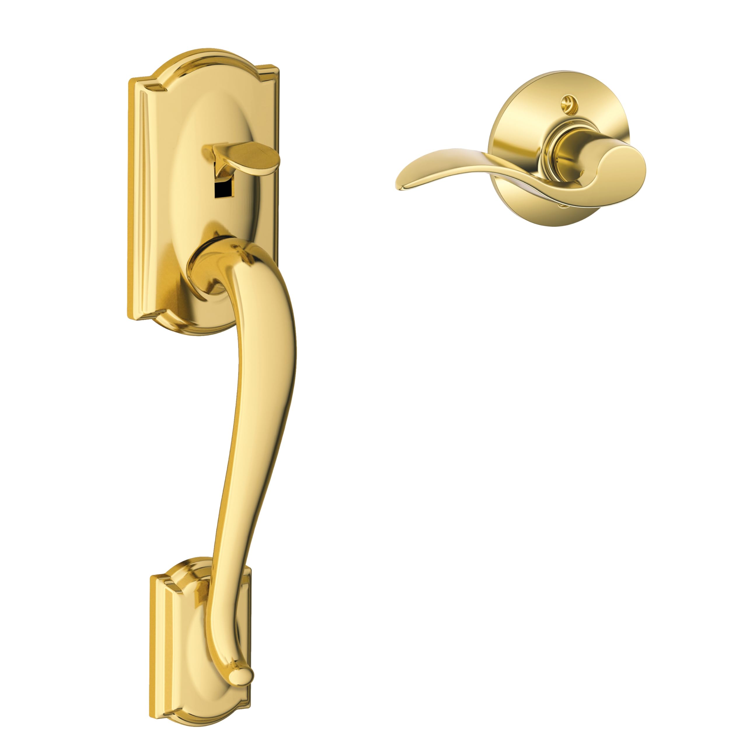 Schlage FE285 CAM 505 GEO 605 Camelot Front Entry Handleset with Georgian Knob, Lower Half Grip, Bright Brass