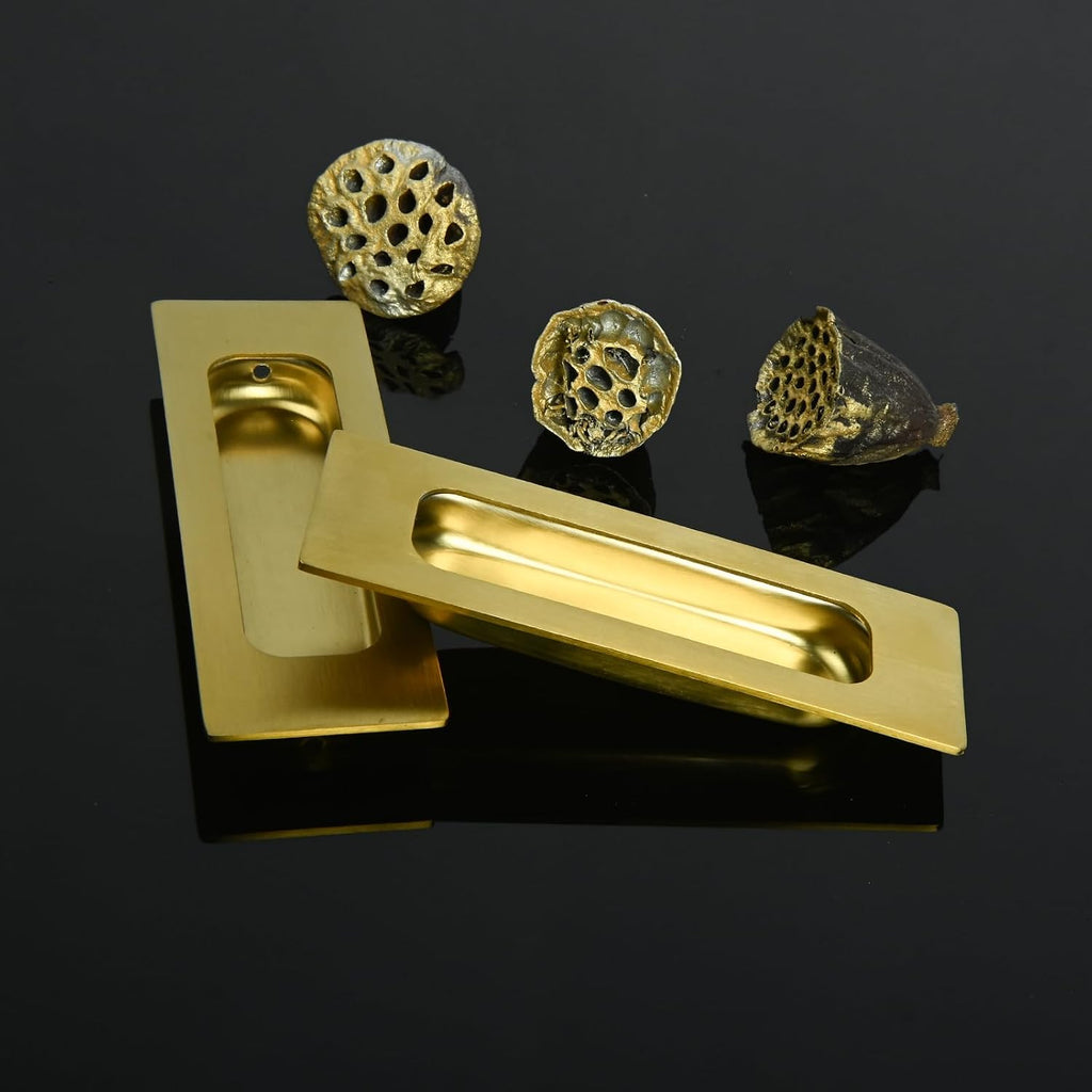 HOMOTEK 2 Pack 120mm Flush Sliding Closet Door Pulls, Recessed Finger Pulls for Sliding Barn Bypass Door Handles, Cabinet Drawer Rectangular Invisible Pull- Small Size 4.75 in, Brushed Gold