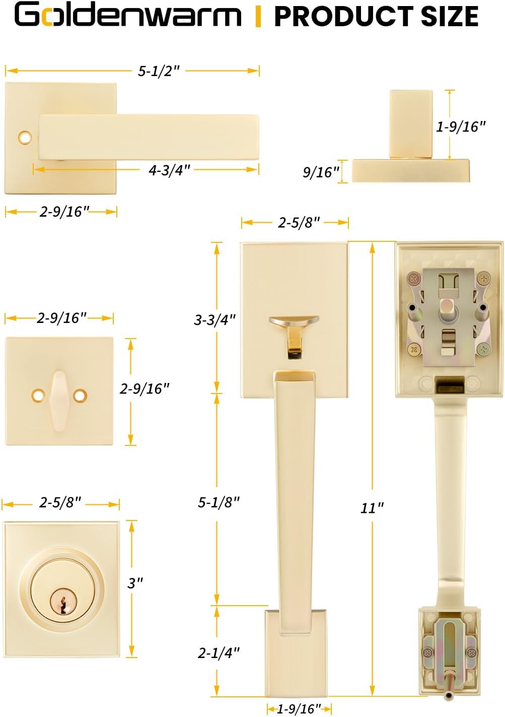 Goldenwarm Front Door Handle and Deadbolt Set, Gold Front Door Lock Set with Reversible Handle Lever, Modern Front Door Hardware, Front Door Handles and Locks