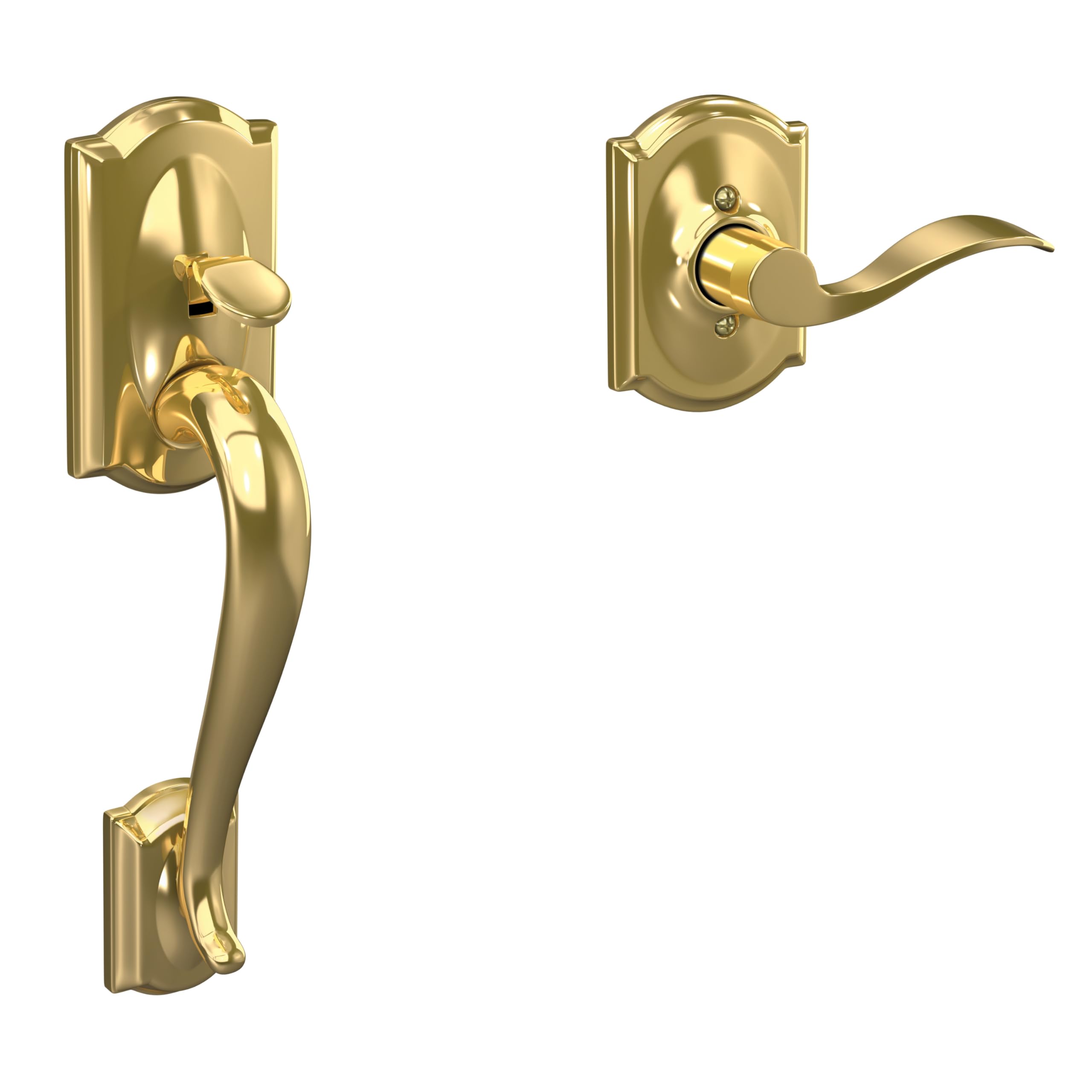 Schlage FE285 CAM 505 GEO 605 Camelot Front Entry Handleset with Georgian Knob, Lower Half Grip, Bright Brass