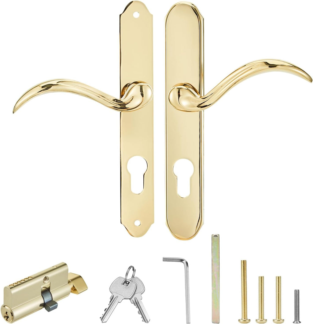 MaxxGeek Storm Door Handle Accessory Set fit Pella Storm Door Handle Replacement Part, with Key and Lock Cylinder, Mortise Lock Not Included (Polished Gold)