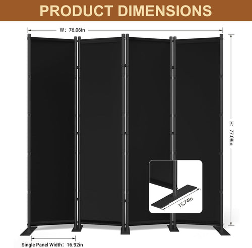 4 Panel Room Divider, 6FT Freestanding Folding Privacy Screen, Room Divider Panel 76.77" W X 75.6" H, Portable Partition Wall Dividers for Home Office Bedroom, Black