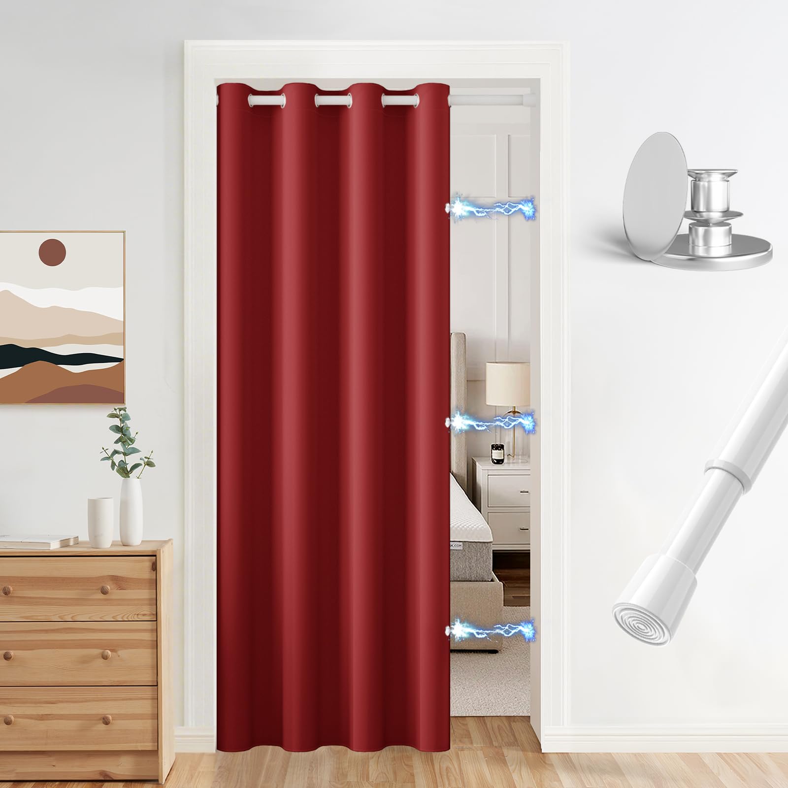Vatge Magnetic Closet Curtain with Rod - W42 x L80, 1 Panel, Gray, Room Darkening Privacy Doorway Curtains for Open Bedroom, Temporary Door for Hallway