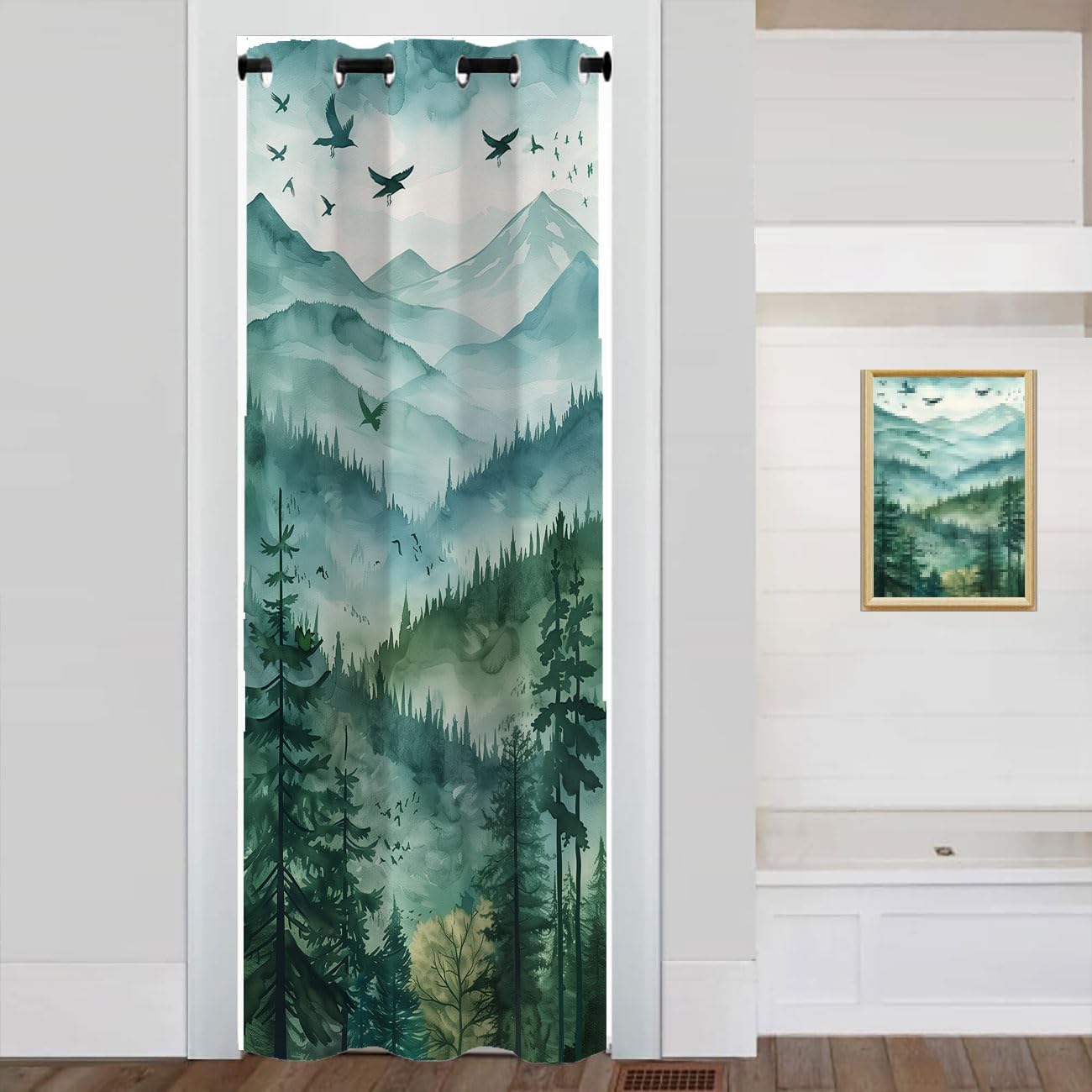 Mountains Forest Door Curtain for Doorway Privacy, Watercolor Landscape Tree Green Room Divider Curtain for Privacy Bedroom Doorway Living Room, 1 Panel 34" W X 80" L