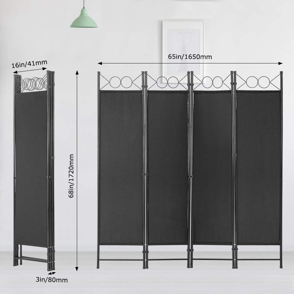 PayLessHere 4 Panel Room Divider 6FT Steel Frame Screen Folding Privacy Divider Freestanding Partition for Home Office Bedroom (Black)
