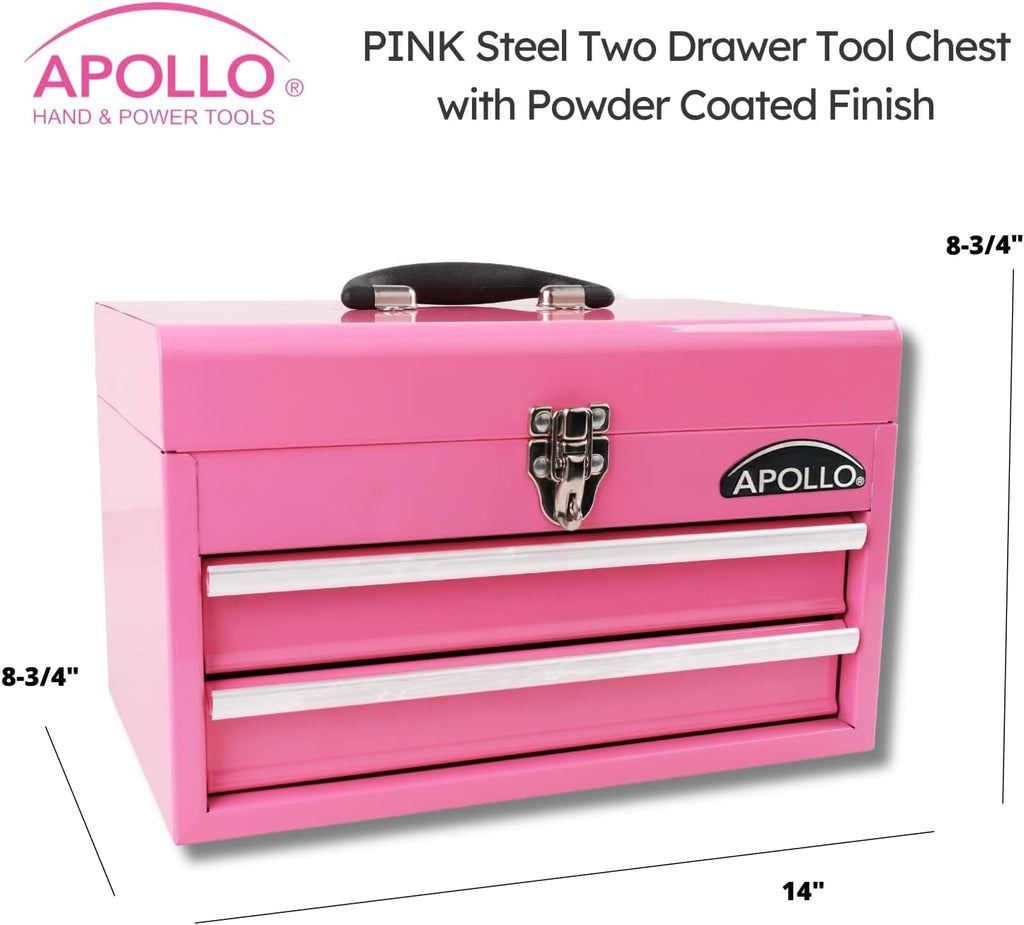 Apollo Tools 14 Inch Steel Tool Box with Deep Top Compartment and 2 Drawers in Heavy-Duty Steel With Ball Bearing Opening and Powder Coated Finish - Pink Ribbon - Pink - DT5010P