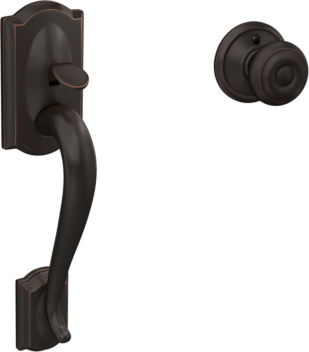 Schlage FE285 CAM 505 GEO 605 Camelot Front Entry Handleset with Georgian Knob, Lower Half Grip, Bright Brass