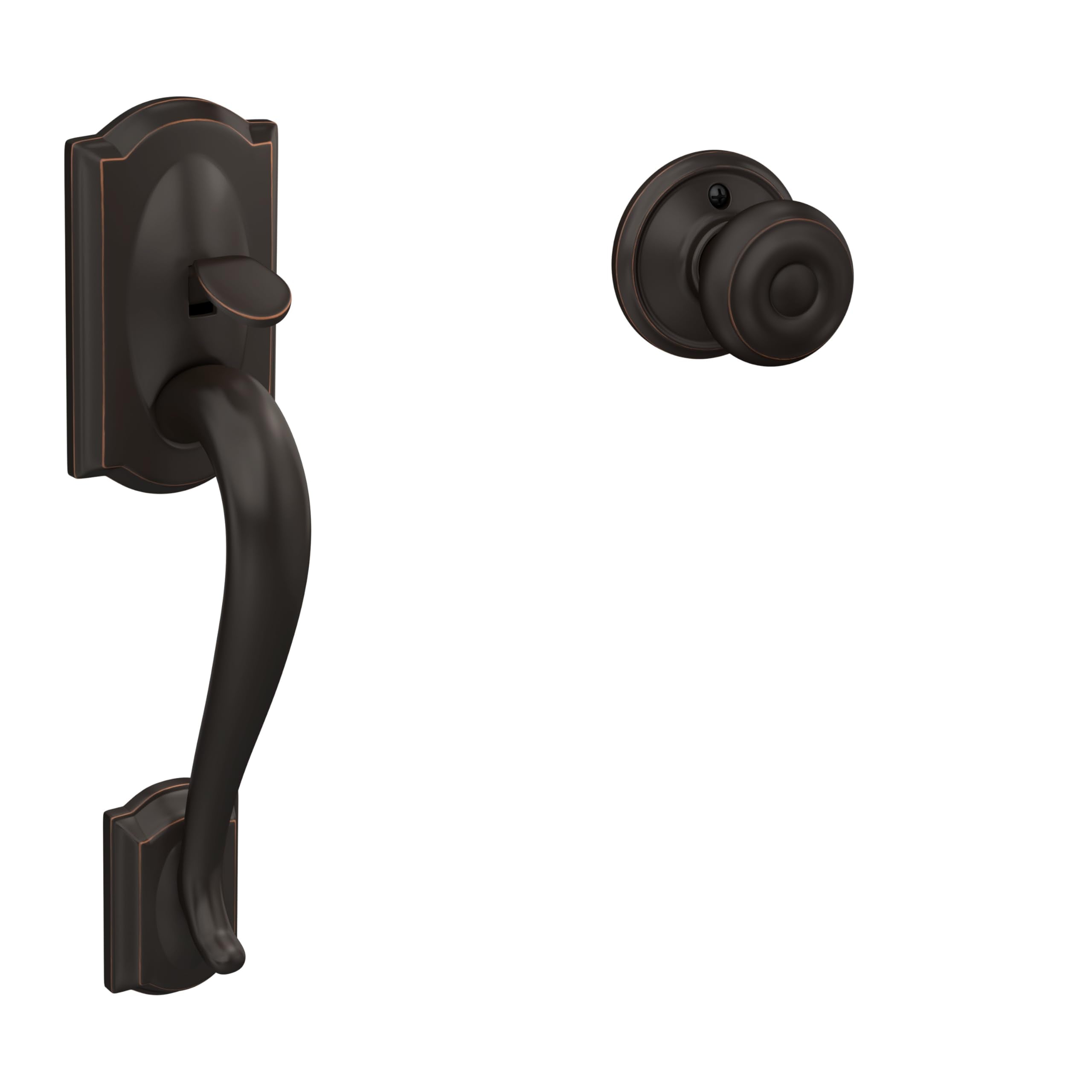 Schlage FE285 CAM 505 GEO 605 Camelot Front Entry Handleset with Georgian Knob, Lower Half Grip, Bright Brass