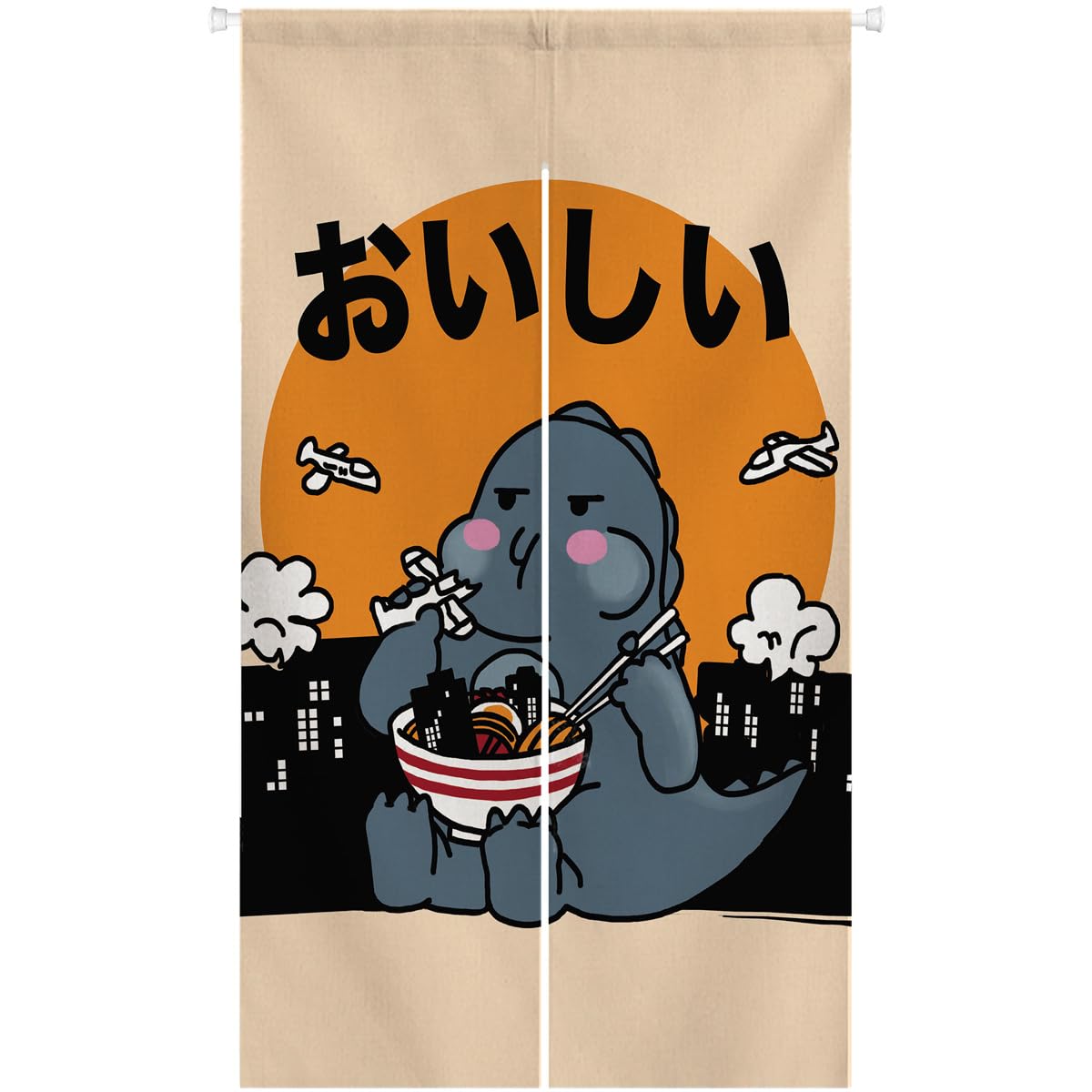 Ofat Home Cartoon Dinosaur Noren Curtain, 33.5" x 59" | Funny fire-breathing monster doorway curtain with Japanese style design for bedroom, dorm or gaming room decor