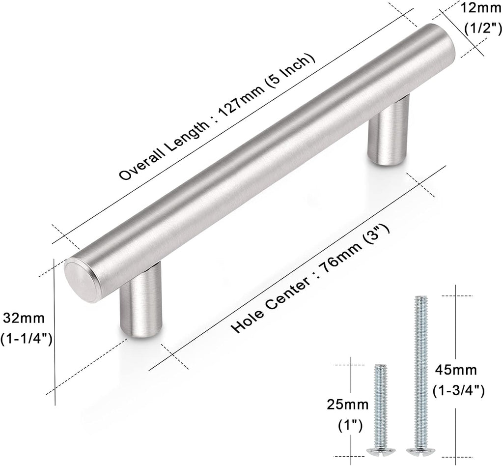 Probrico (30 Pack 3 Inch Hole Centers Kitchen Cabinet Handles Euro T Bar Cabinet Pulls Stainless Steel Kitchen Drawer Handles Brushed Nickel Furniture Dresser Cabinet Hardware, 5 Inch Total Length