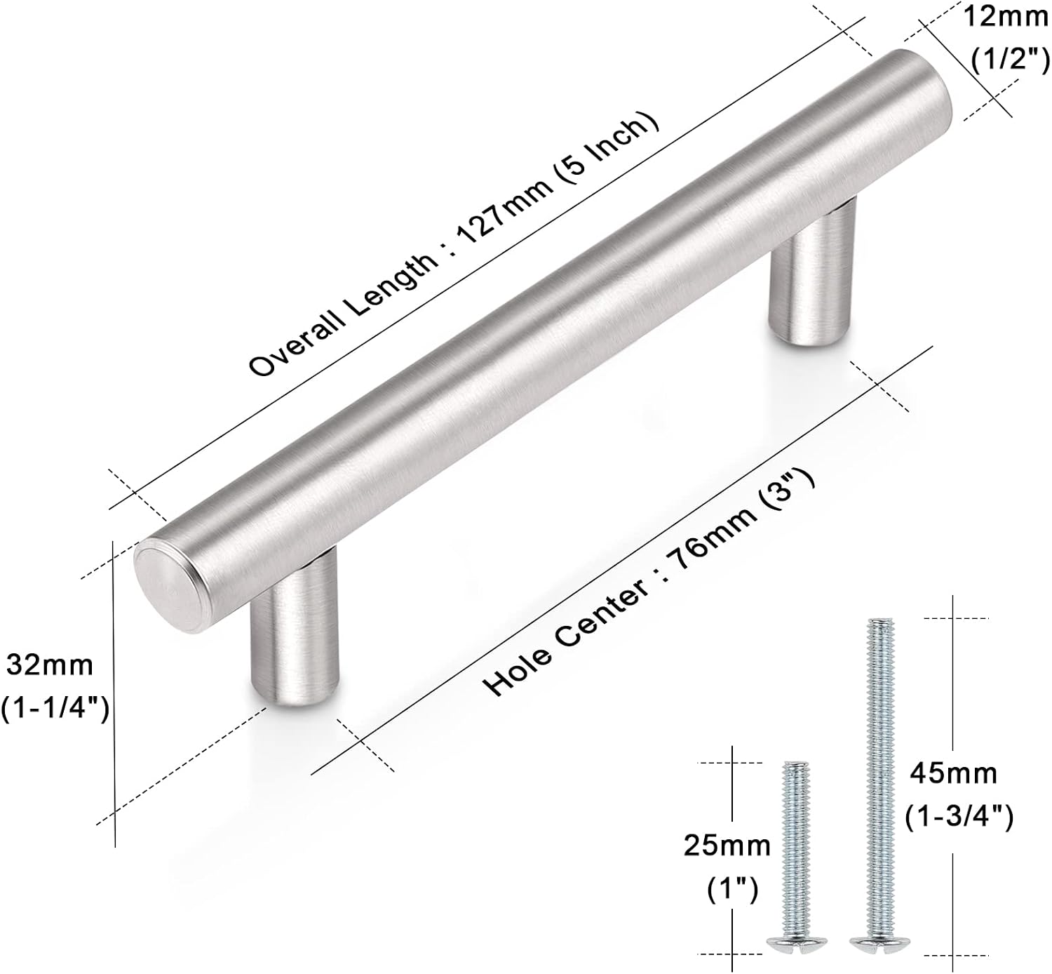 Probrico (30 Pack 3 Inch Hole Centers Kitchen Cabinet Handles Euro T Bar Cabinet Pulls Stainless Steel Kitchen Drawer Handles Brushed Nickel Furniture Dresser Cabinet Hardware, 5 Inch Total Length