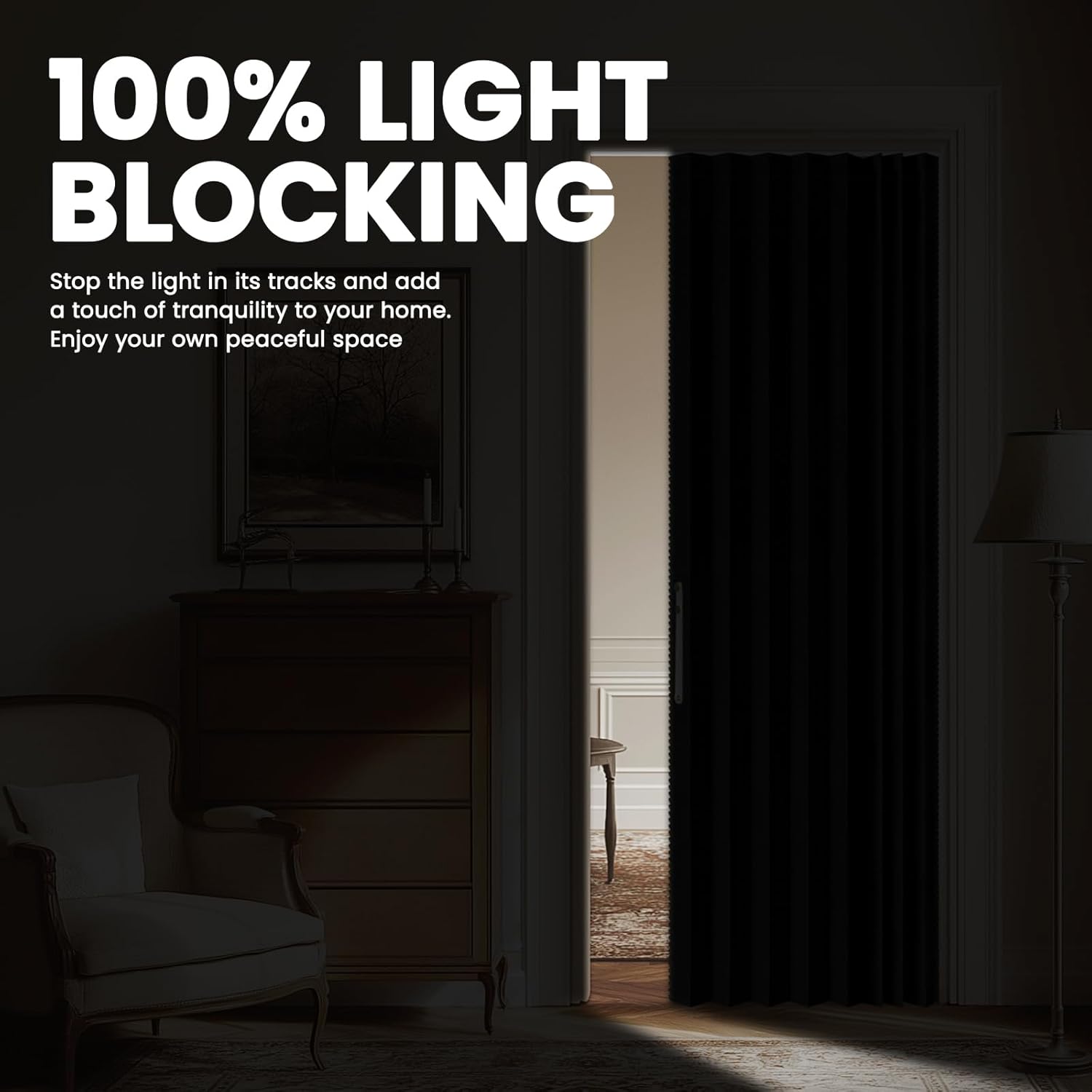 AJAZZ 100% Blackout Accordion Door Front Door Curtain Invisible Folding Doors Interior for Bedroom Living Room Doorway Curtain Sets Included Tracks (1Panel, 53W x 79 L, Black)