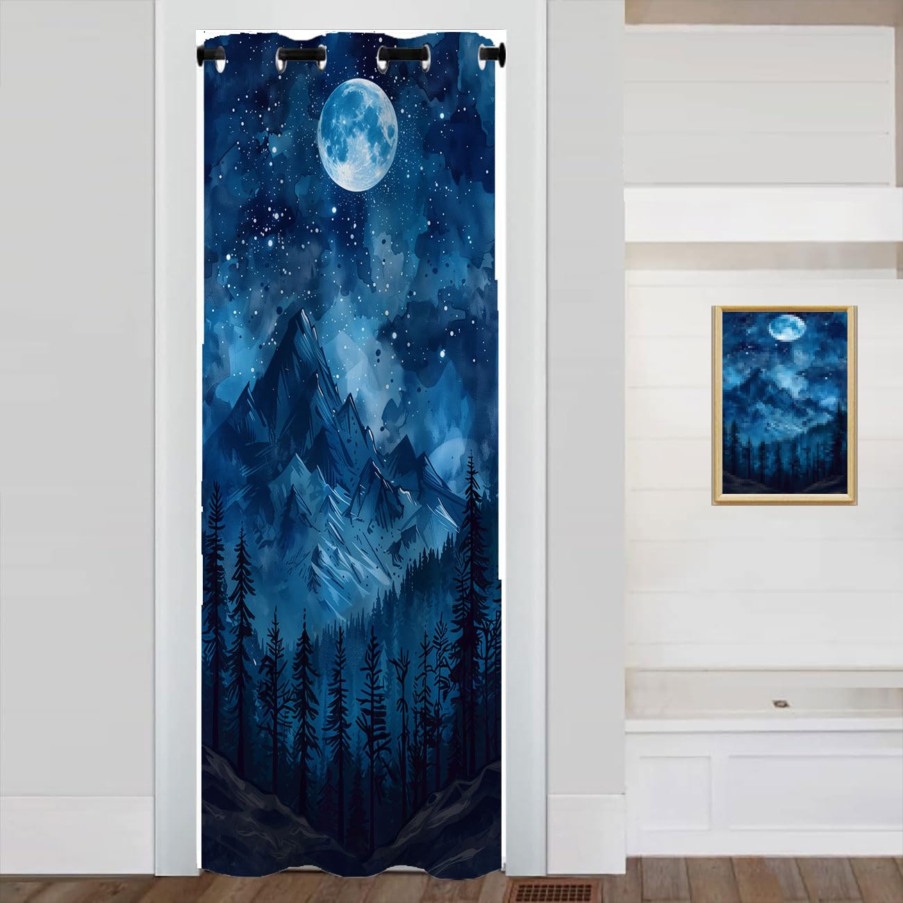 Mountains Forest Door Curtain for Doorway Privacy, Watercolor Landscape Tree Green Room Divider Curtain for Privacy Bedroom Doorway Living Room, 1 Panel 34" W X 80" L