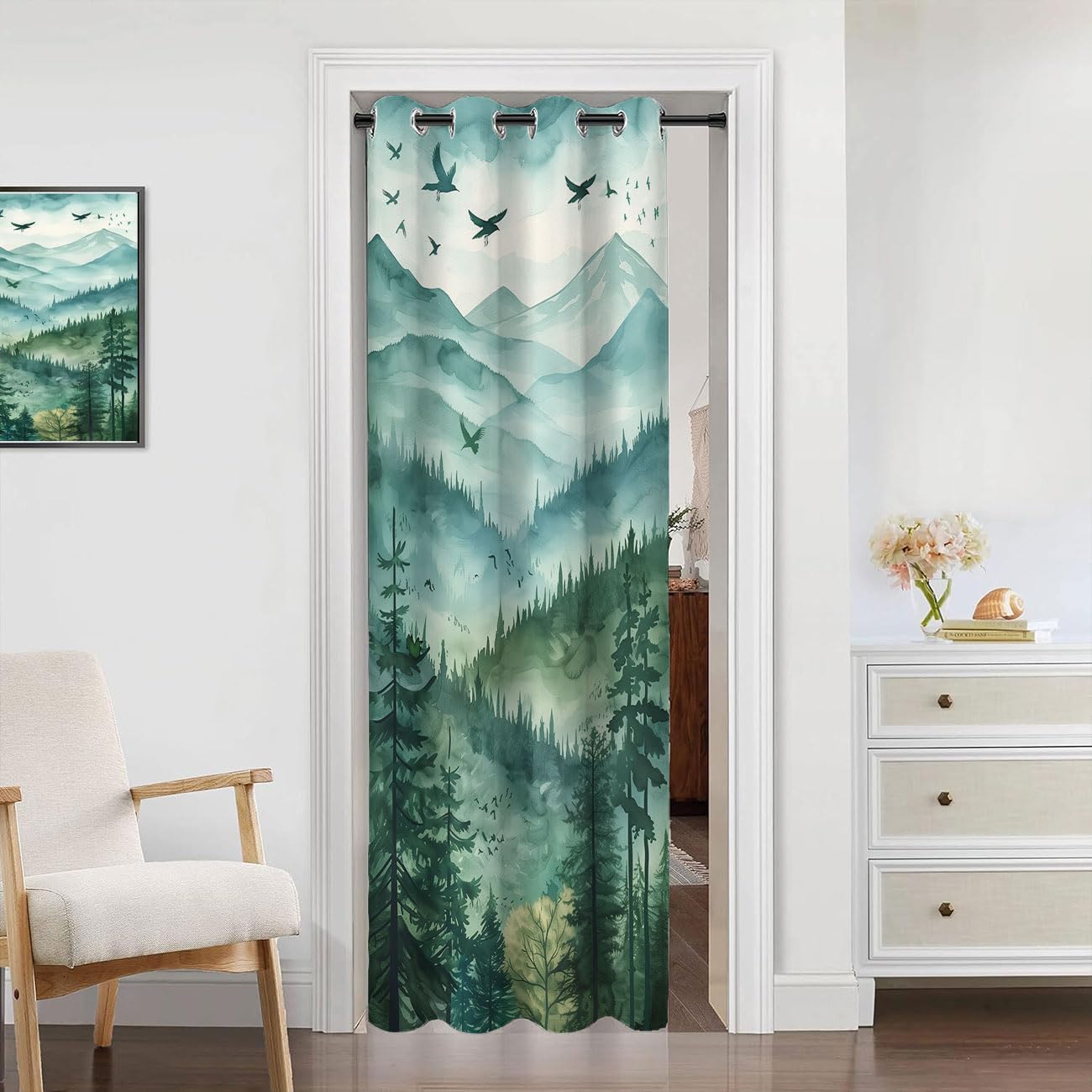 Mountains Forest Door Curtain for Doorway Privacy, Watercolor Landscape Tree Green Room Divider Curtain for Privacy Bedroom Doorway Living Room, 1 Panel 34" W X 80" L