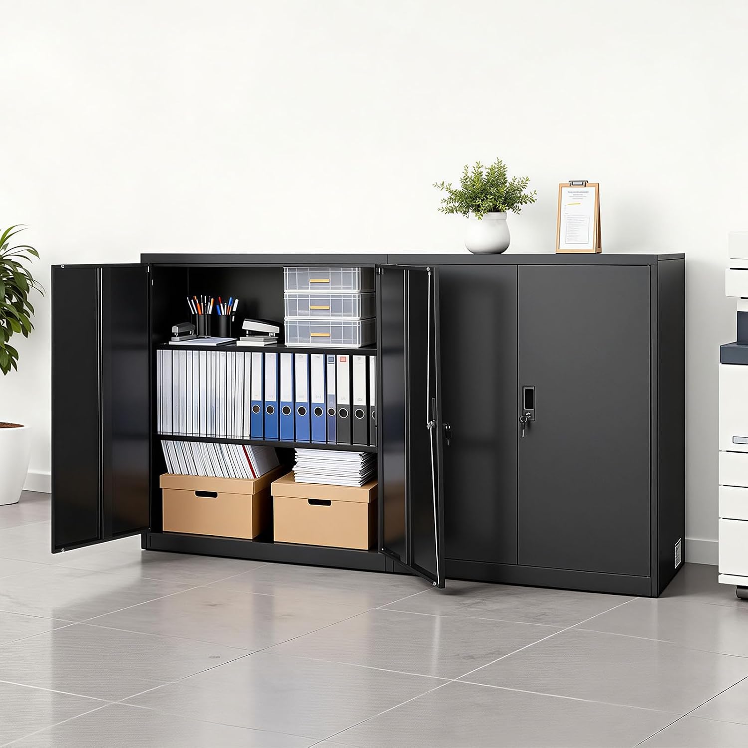 VEVOR Metal Storage Cabinet, 41.7 in Steel Garage Cabinet with 2 Adjustable Shelves, 2 Magnetic Doors & 2 Keys, 3 Tiers Lockable Tool Storage for Pantry, Warehouse, Basement, Office, Black