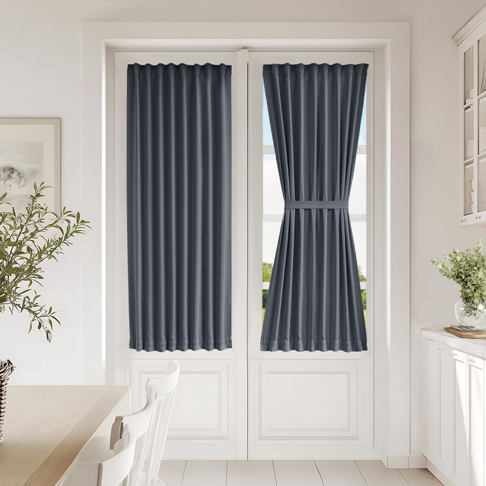 Vatge Self-Adhesive French Door Curtains - Rodless No Drill Light Filtering Window Treatment for Sliding Glass Doors, 1 Panel, W25 x L72, Greyish White
