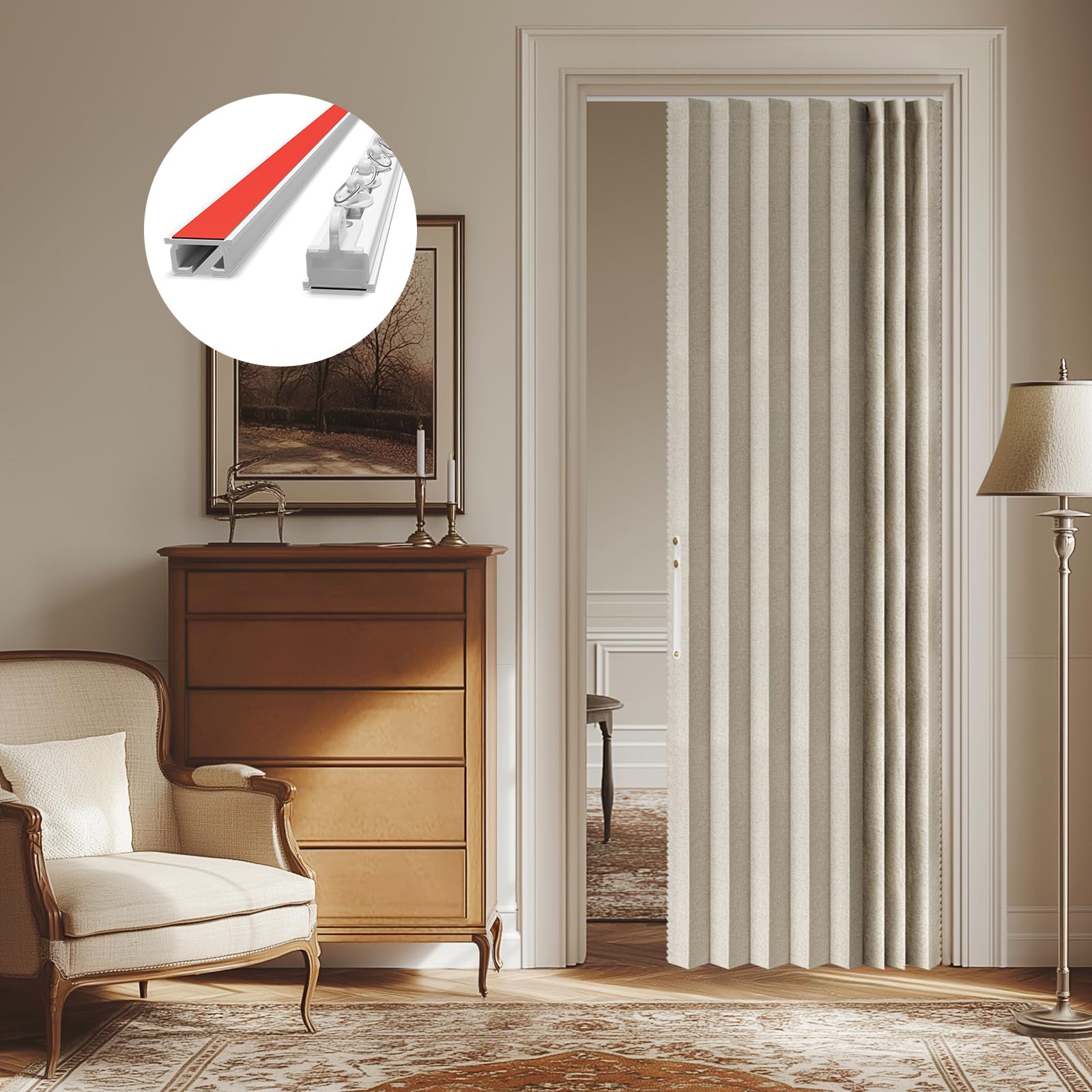 AJAZZ 100% Blackout Accordion Door Front Door Curtain Invisible Folding Doors Interior for Bedroom Living Room Doorway Curtain Sets Included Tracks (1Panel, 53W x 79 L, Black)