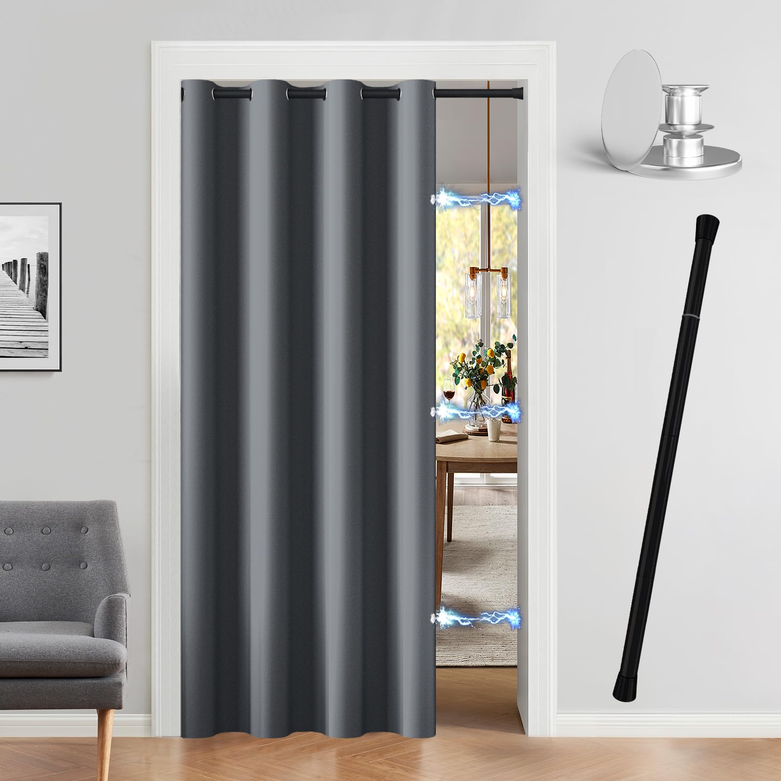 Vatge Magnetic Closet Curtain with Rod - W42 x L80, 1 Panel, Gray, Room Darkening Privacy Doorway Curtains for Open Bedroom, Temporary Door for Hallway