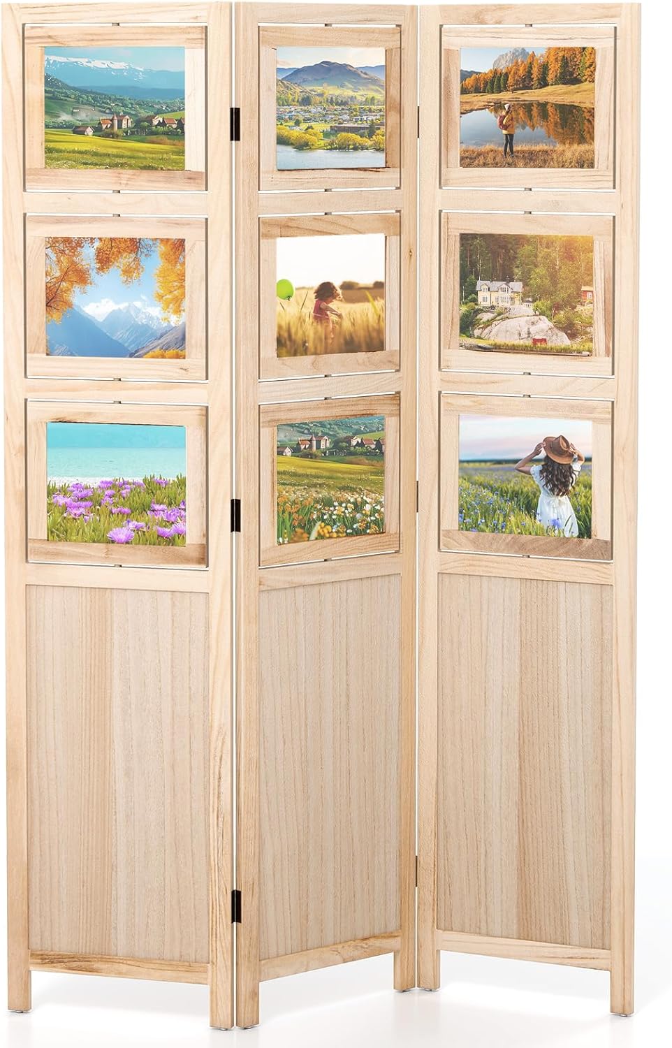 Giantex 3 Panel Room Divider with 9 Rotating Picture Frames, 67'' Folding Privacy Screen for Photo Display, Freestanding Wood Wall Partition for Room Separation, Bedroom, Office, Natural