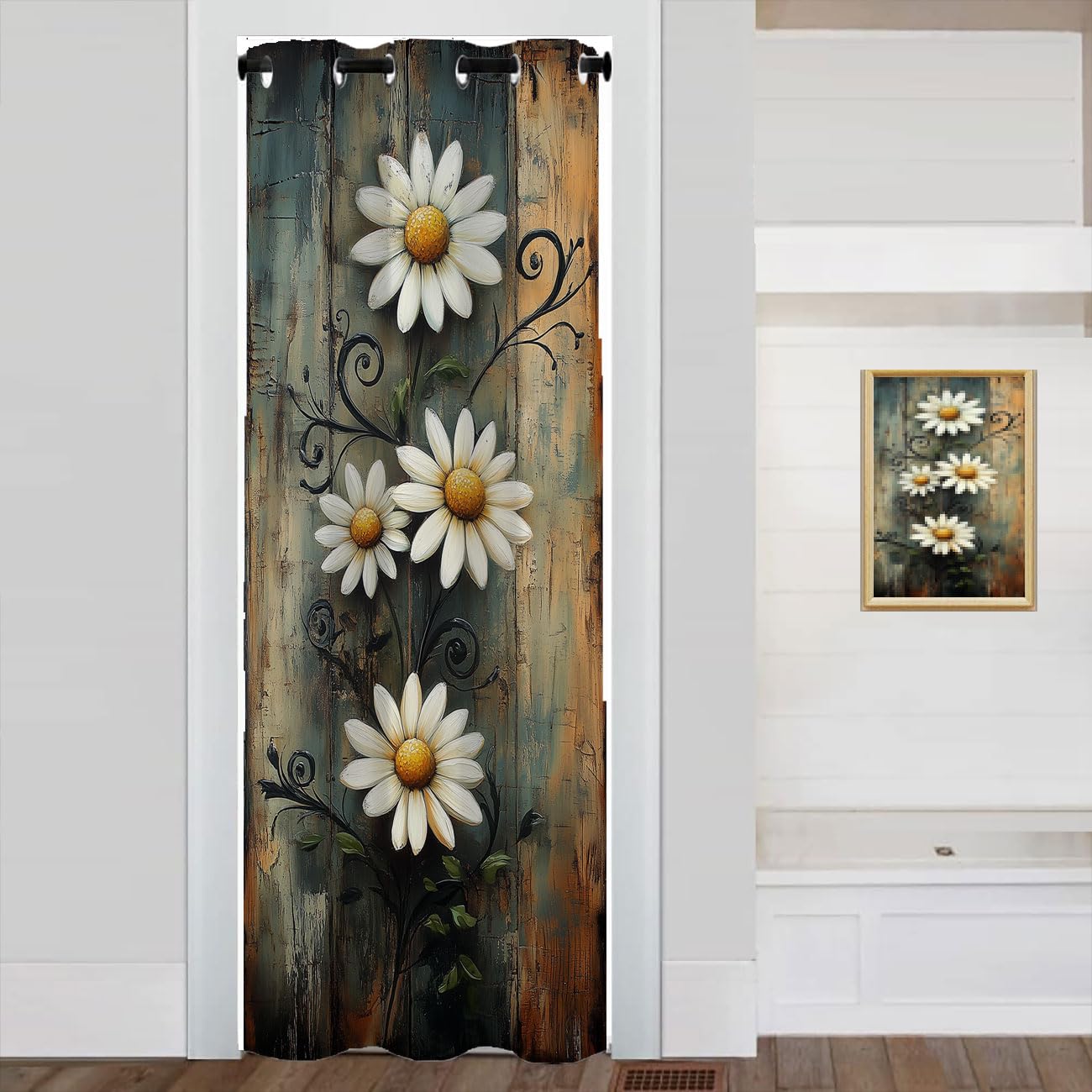 Wooden Barn Door Door Curtain for Doorway Privacy Sunflower Flowers Butterfly Country Closet Door Cover Curtain for Darkening Door Drape for Kid Teens Boys Teens, 1 Panel 34" W X 80" L