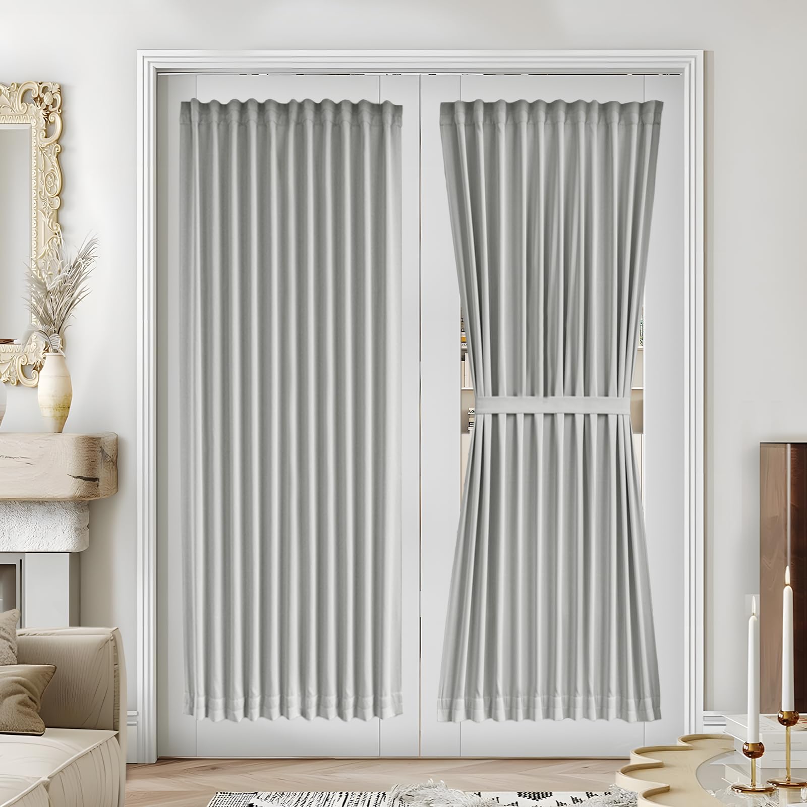 Vatge Self-Adhesive French Door Curtains - Rodless No Drill Light Filtering Window Treatment for Sliding Glass Doors, 1 Panel, W25 x L72, Greyish White