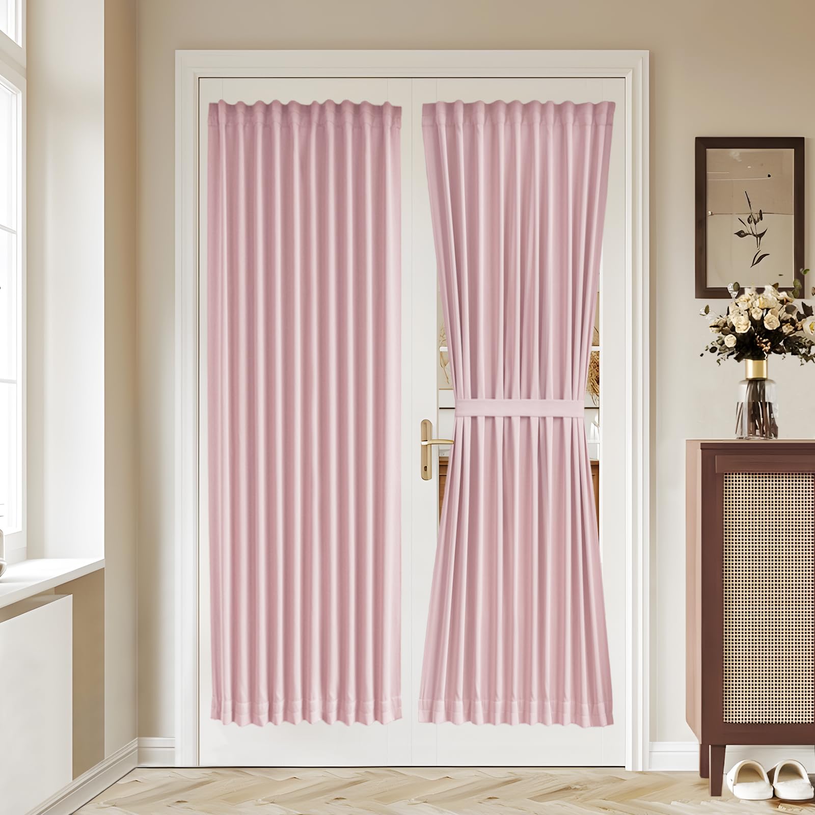 Vatge Self-Adhesive French Door Curtains - Rodless No Drill Light Filtering Window Treatment for Sliding Glass Doors, 1 Panel, W25 x L72, Greyish White