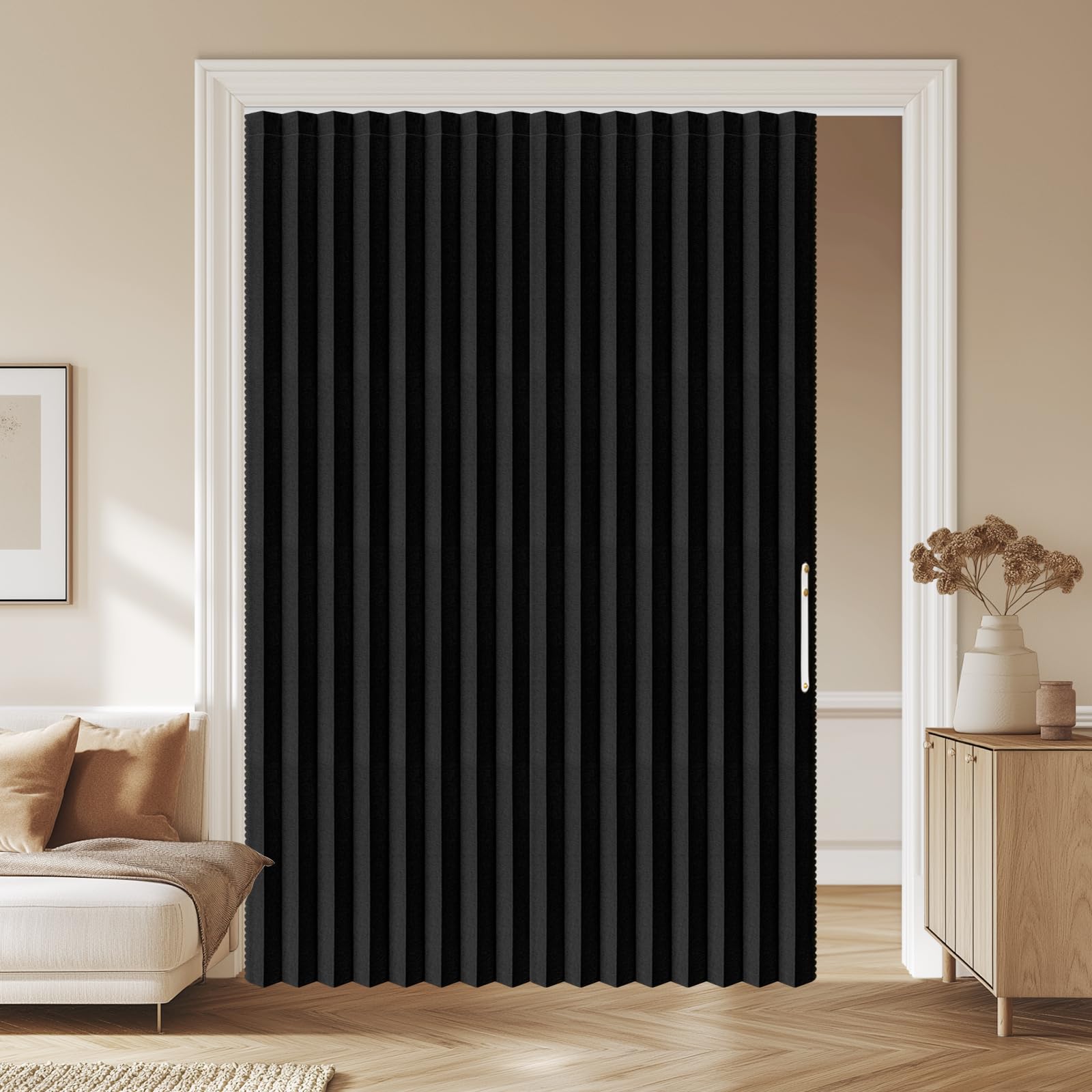 AJAZZ 100% Blackout Accordion Door Front Door Curtain Invisible Folding Doors Interior for Bedroom Living Room Doorway Curtain Sets Included Tracks (1Panel, 53W x 79 L, Black)