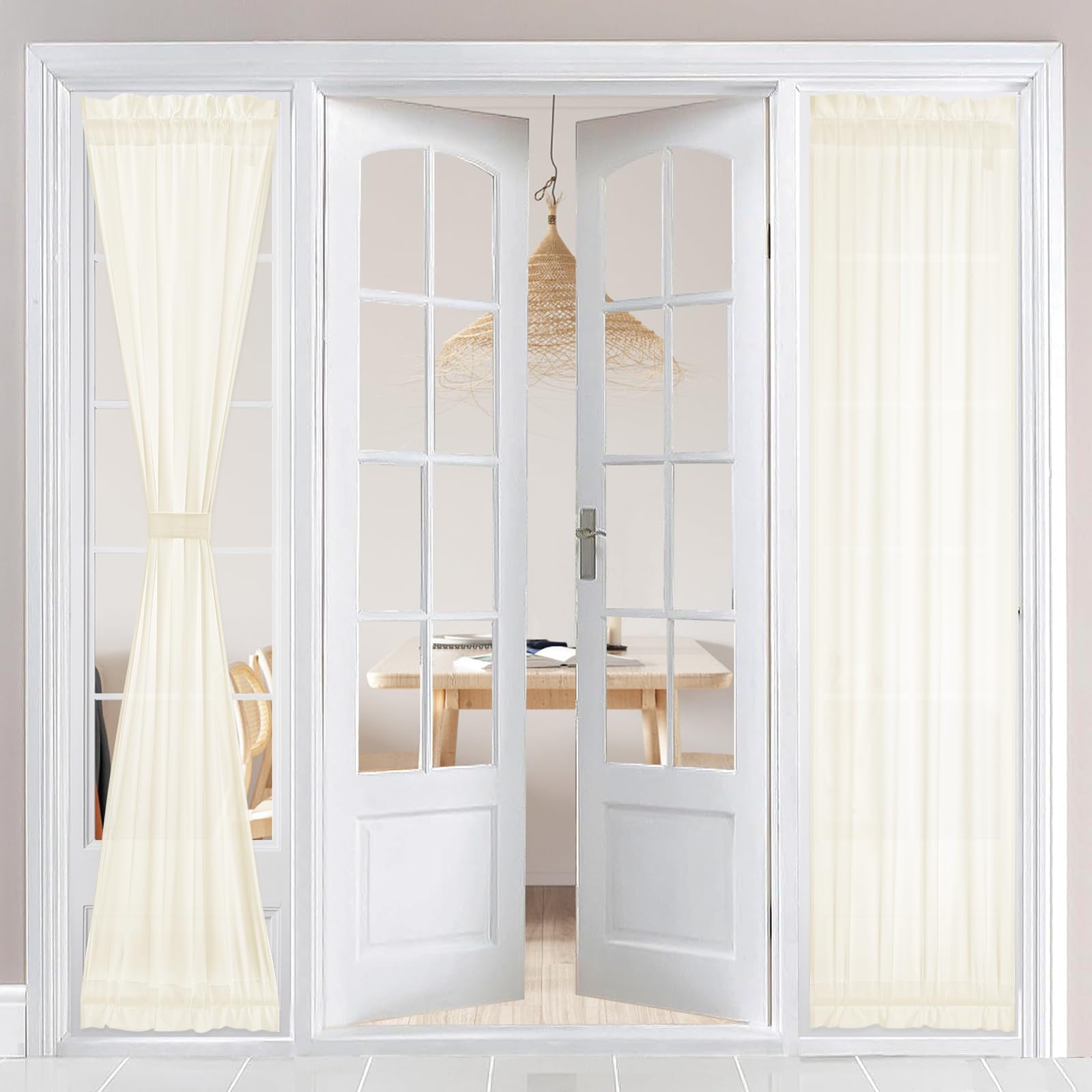 HOMEIDEAS Non-See-Through French Door Curtains Set of 2 for Front Door, Light Filtering Privacy Semi Sheer Window Curtains with Rod Pocket and Tie Back, Beige/Taupe, 26W X 72L Inch