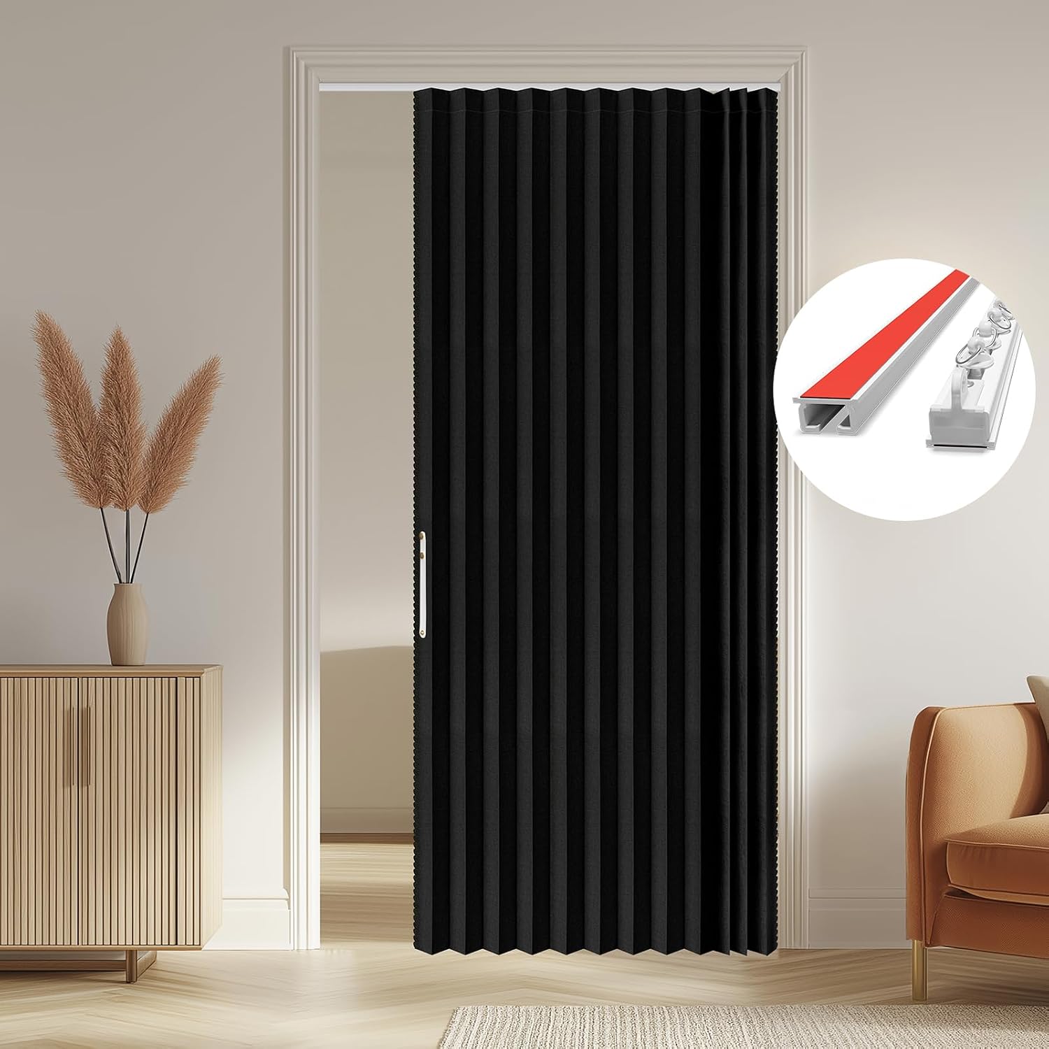 AJAZZ 100% Blackout Accordion Door Front Door Curtain Invisible Folding Doors Interior for Bedroom Living Room Doorway Curtain Sets Included Tracks (1Panel, 53W x 79 L, Black)
