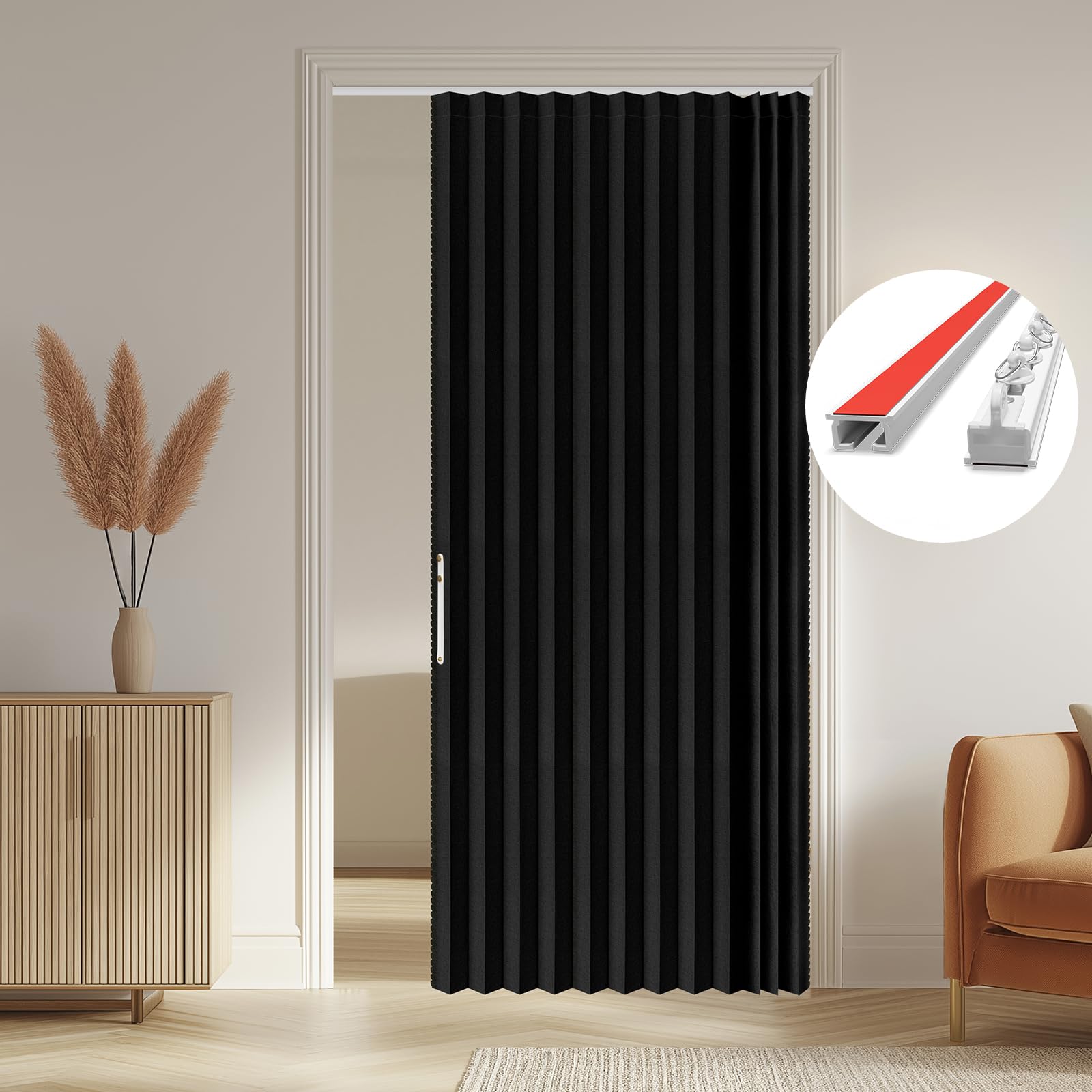 AJAZZ 100% Blackout Accordion Door Front Door Curtain Invisible Folding Doors Interior for Bedroom Living Room Doorway Curtain Sets Included Tracks (1Panel, 53W x 79 L, Black)